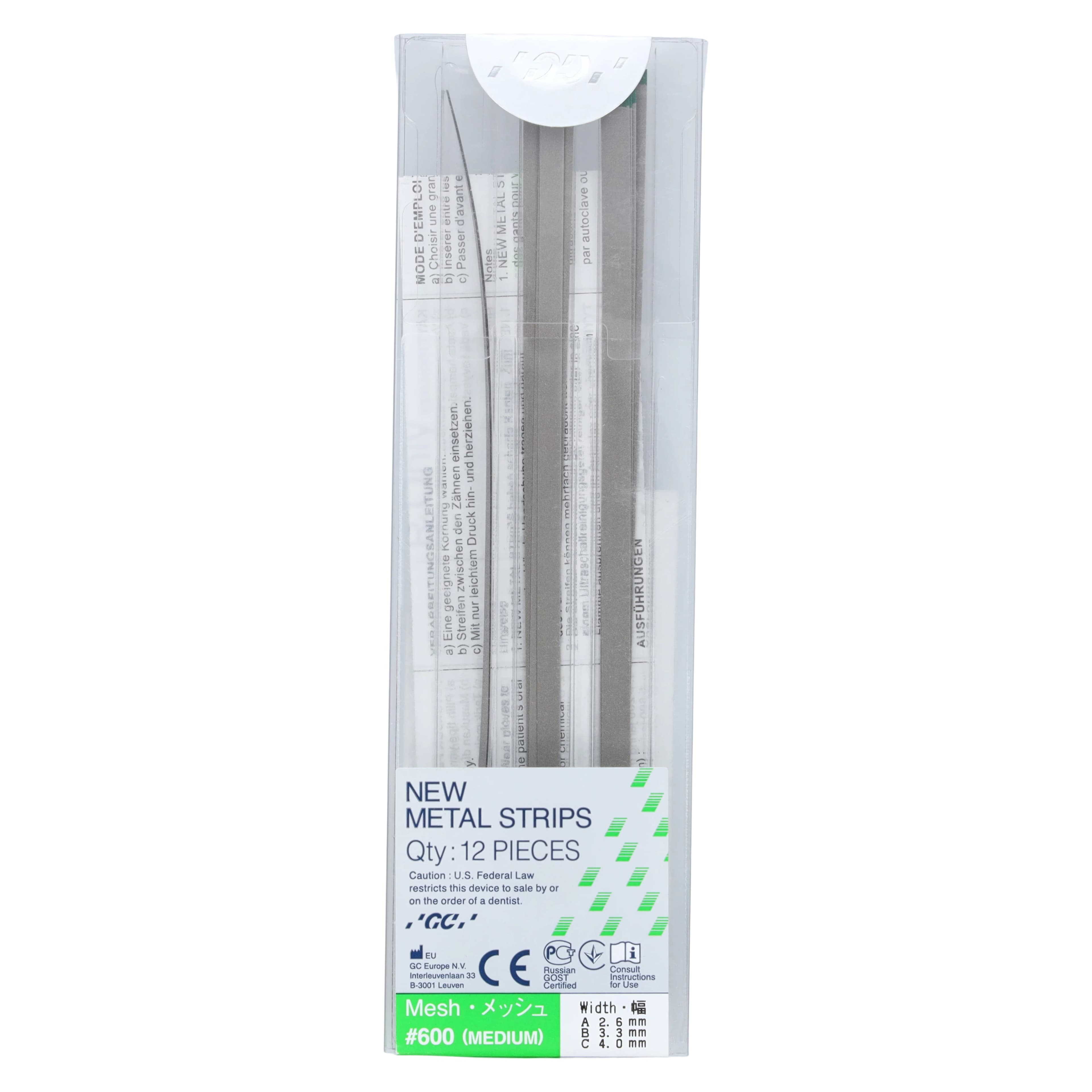 GC America Metal Finishing Strips, #600 Mesh (70 Micron), Medium, Green, Assorted Widths (2.6/3.3/4.0 mm), 12/Pk, 000259 - Metal Finishing Strips, Package, # 600 Assorted Mesh, 70 Micron, Medium, Green, 12/Pk, 000259 - Image 1