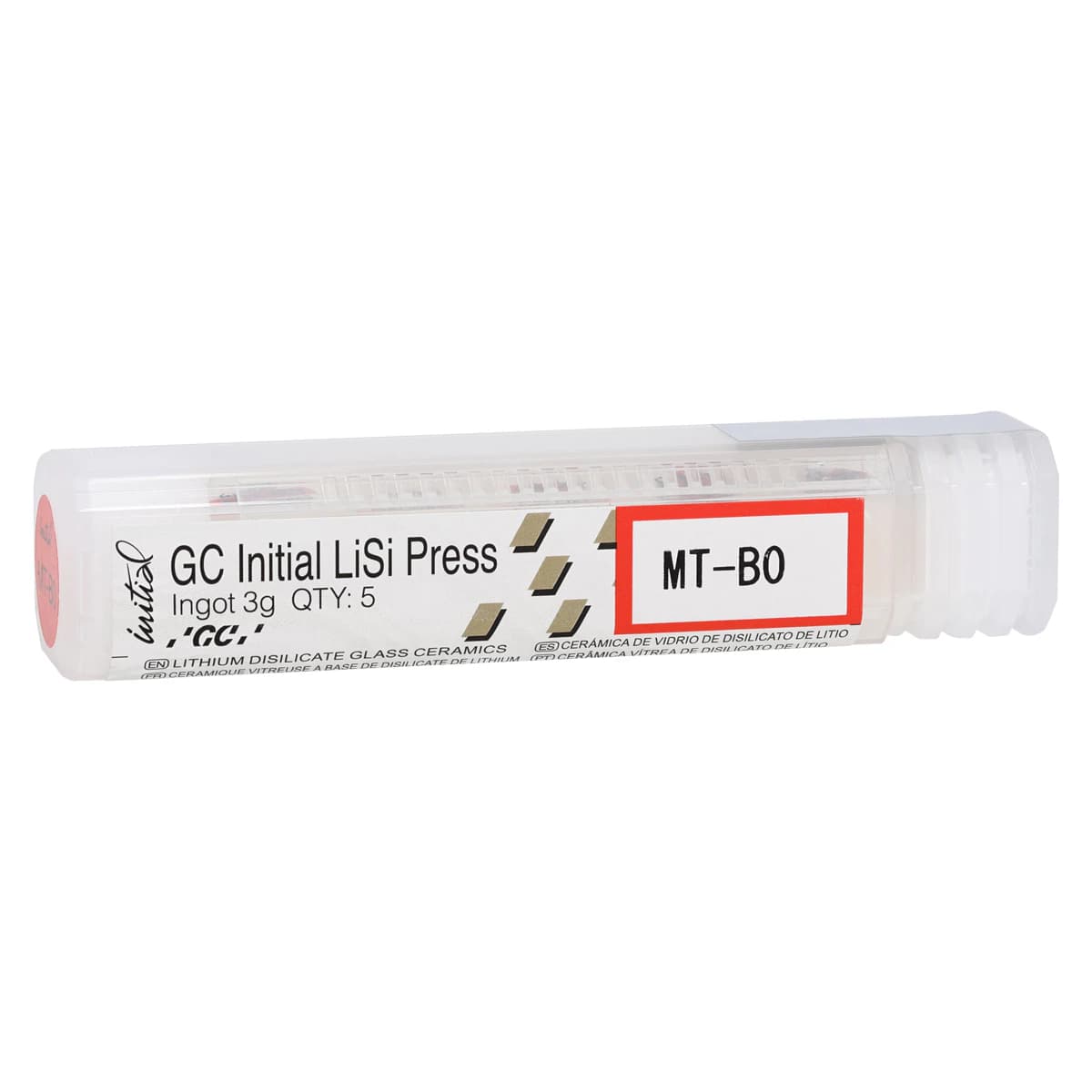 GC Initial LiSi Press Lithium Disilicate Ingot, Shade MT-B0, 3g, 5/Pk - Initial LiSi Porcelain Press Ingot MT-B0 3g 5Pk - Image 1