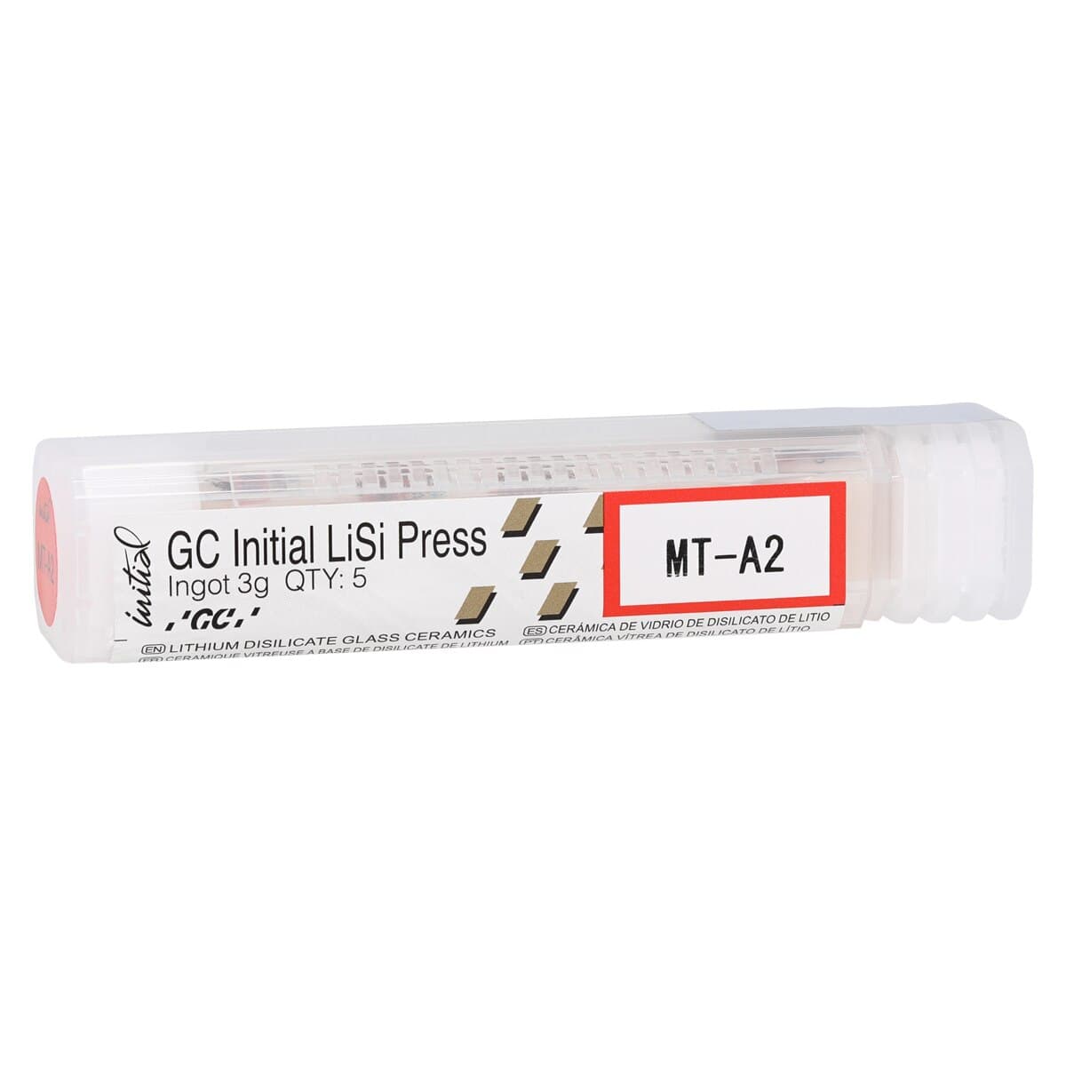GC Initial LiSi Press Lithium Disilicate Ingot, Shade MT-A2, 3 g, 5/Pk - Initial LiSi Porcelain Press Ingot MT-A2 3g 5Pk - Image 1