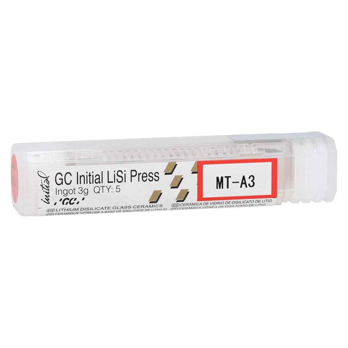 GC Initial LiSi Press Lithium Disilicate Ingot, Shade MT-A3, 3g, 5/Pk, 010330 - GC Initial LiSi Press Lithium Disilicate Ingot, Shade MT-A3, 3g, 5/Pk - Image 1