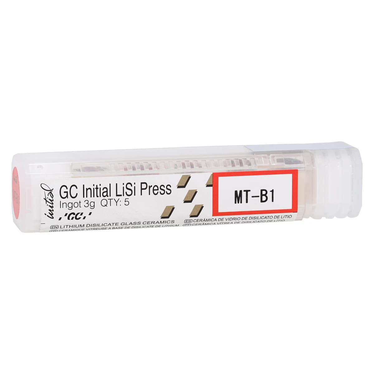 GC Initial LiSi Press Lithium Disilicate Ingot, Shade MT-B1, 3 g, 5/Pk, 010331 - Initial LiSi Porcelain Press Ingot MT-B1 3g 5Pk - Image 1