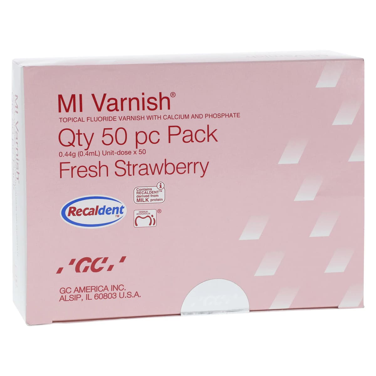 MI Varnish Strawberry 5% NaF with RECALDENT (CPP-ACP), 0.4 mL Unit Dose, 50/Pack, 442500 - MI Varnish Strawberry 5% NaF w/RECALDENT .4mL (50) - Image 1