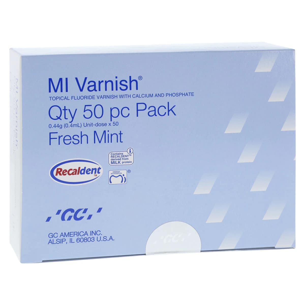 GC America MI Varnish Fresh Mint 5% Sodium Fluoride with RECALDENT (CPP-ACP), 0.4 mL Unit Dose, 50/Pack, 442505 - MI Varnish Fresh Mint 5% NaF w/RECALDENT .4mL (50) - Image 1