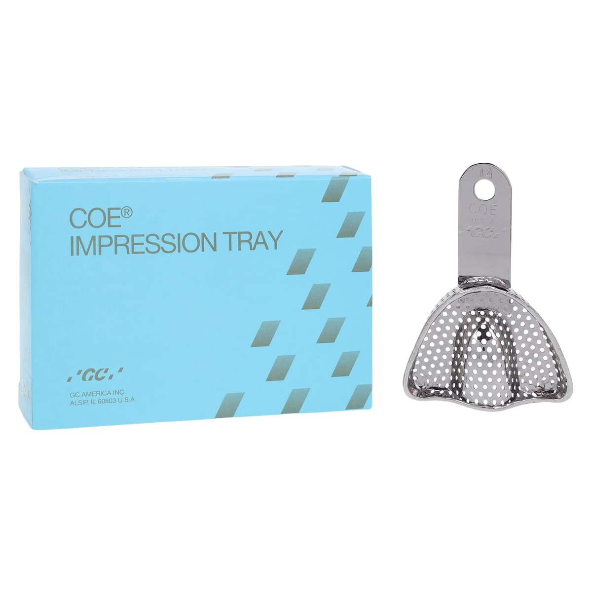 GC America COE Nickel-Plated Perforated Pedodontic Impression Tray, Upper #14 Extra Small, 1/Pack, 260141 - COE Pediatric Perforated Metal Trays - Image 1