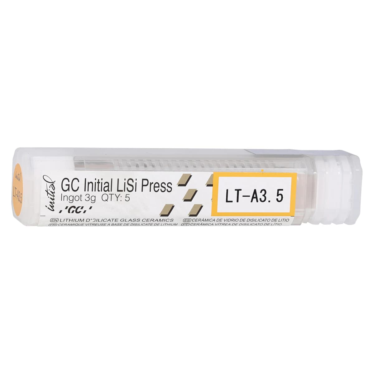 GC Initial LiSi Press Lithium Disilicate Ingot, Shade LT-A3.5, 3g, 5/Pk - GC Initial LiSi Press Lithium Disilicate Ingot, Shade LT-A3.5, 3g, 5/Pk - Image 1