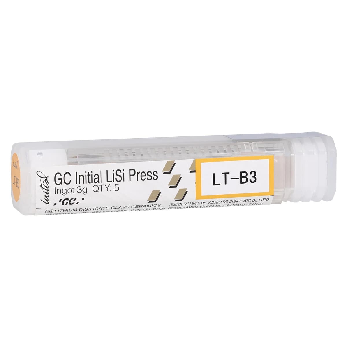 GC Initial LiSi Press Lithium Disilicate Ingot, Shade LT-B3, 3g, 5/Pk - GC Initial® LiSi Press Ingot LT B3 Pack of 5 - Image 1