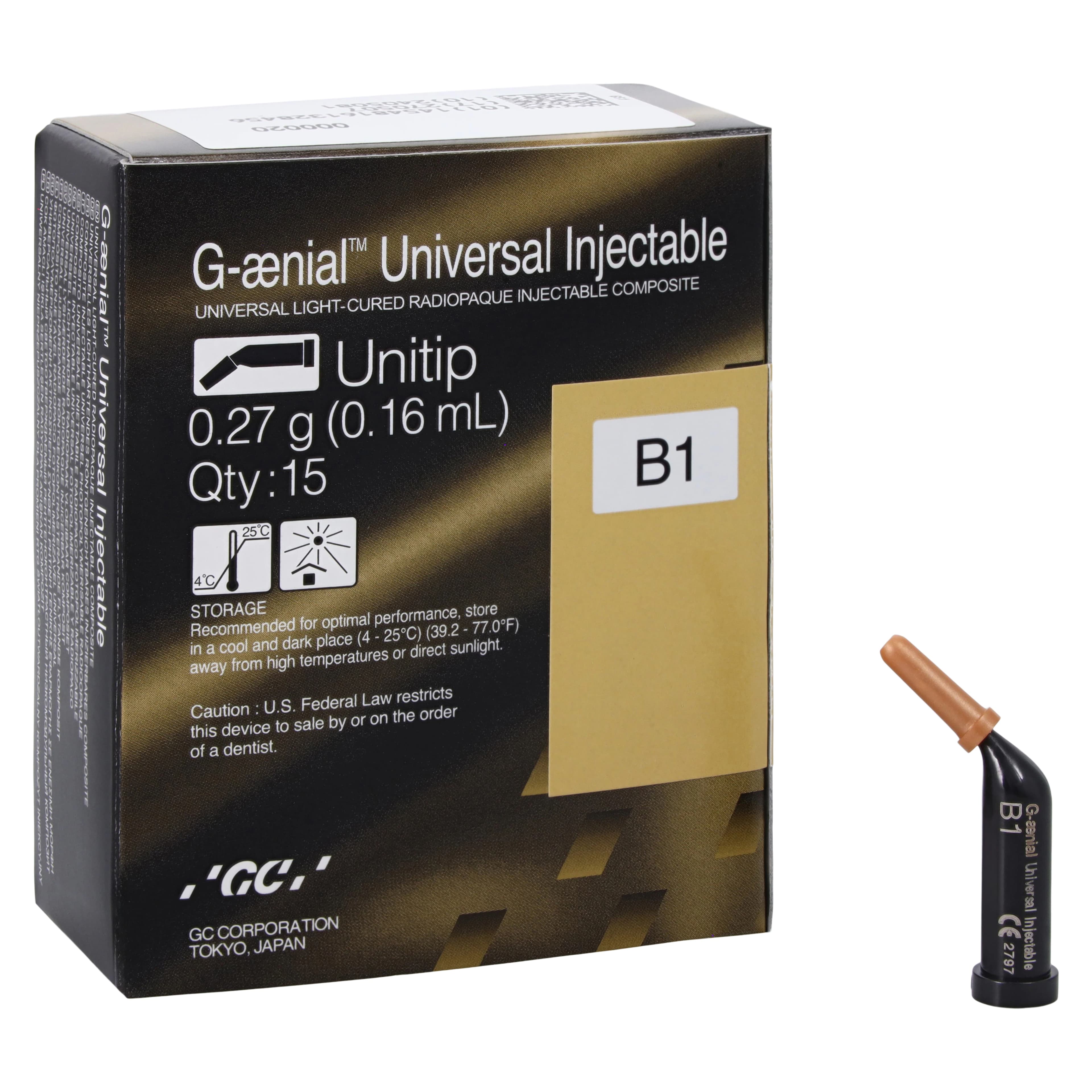 G-aenial Universal Injectable Composite Unitips, Shade B1, 0.16 mL, 15/Pkg, 012353 - G-aenial™ Universal Injectable Unitips B1 0.16ml Box of 15 - Image 1