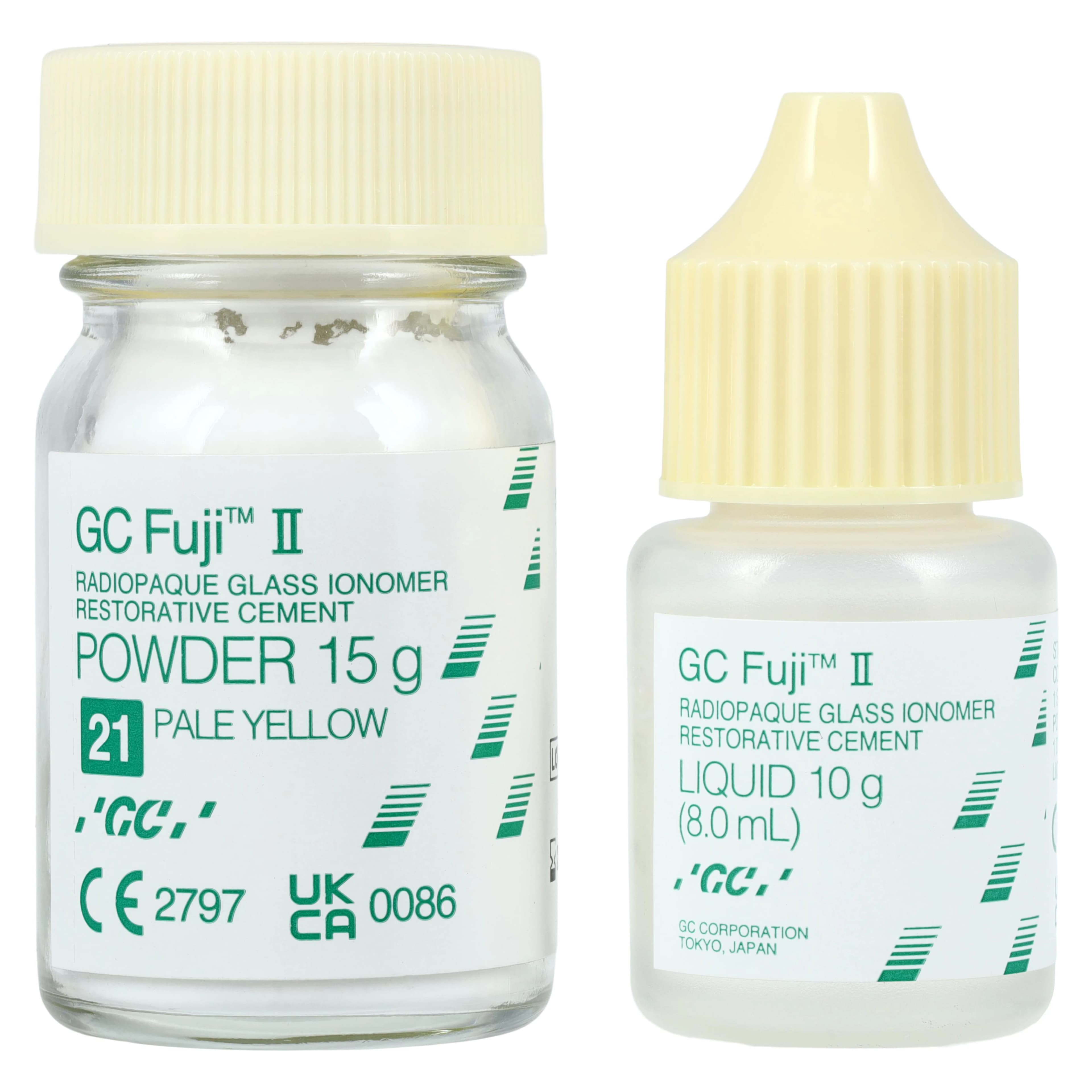 GC Fuji II Glass Ionomer Restorative, 1:1 Powder/Liquid Package, Shade #21 Pale Yellow, 15 g Powder / 8 mL Liquid, 000101 thumbnail 2