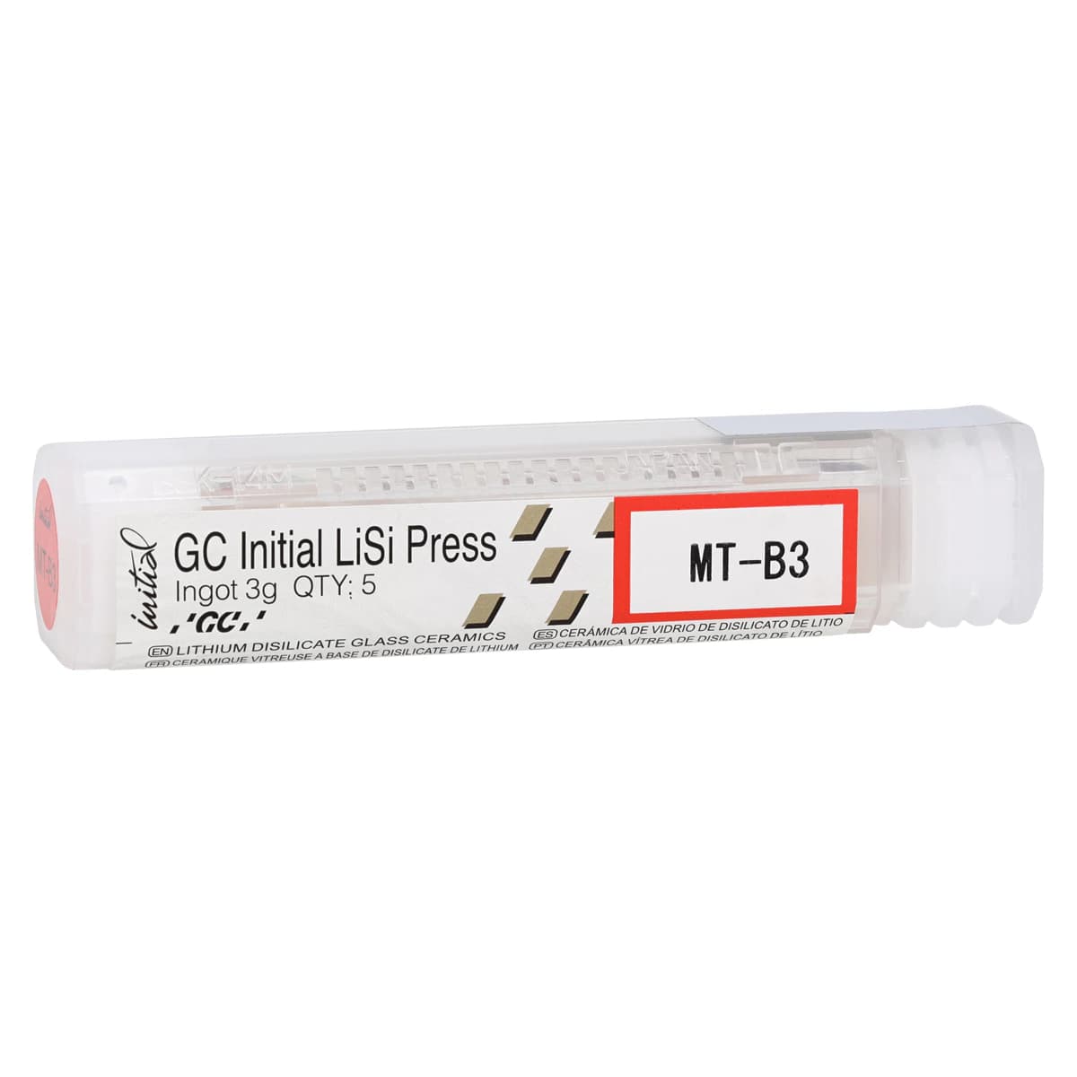 GC Initial LiSi Press Lithium Disilicate Pressable Ceramic Ingot, Shade MT-B3, 3g, 5/Pk - GC Initial® LiSi Press Ingot MT-B3 3g Pack of 5 - Image 1
