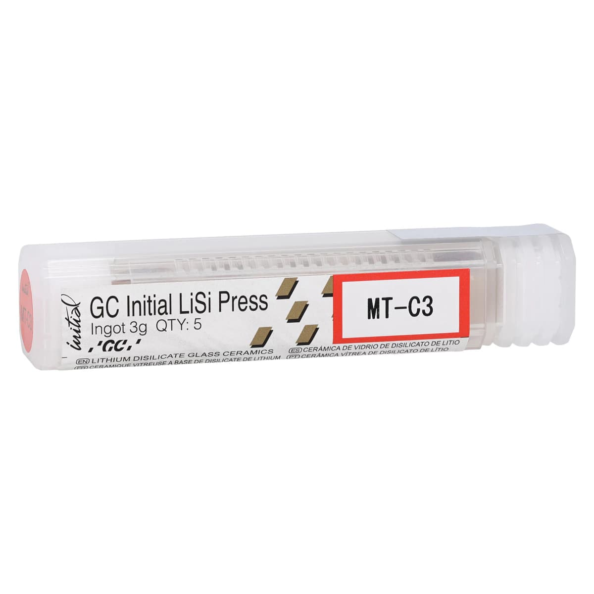 GC Initial LiSi Press Lithium Disilicate Pressable Ceramic Ingot, Shade MT-C3, 3g, 5/Pack - GC Initial® LiSi Press Ingot MT-C3 3g Pack of 5 - Image 1