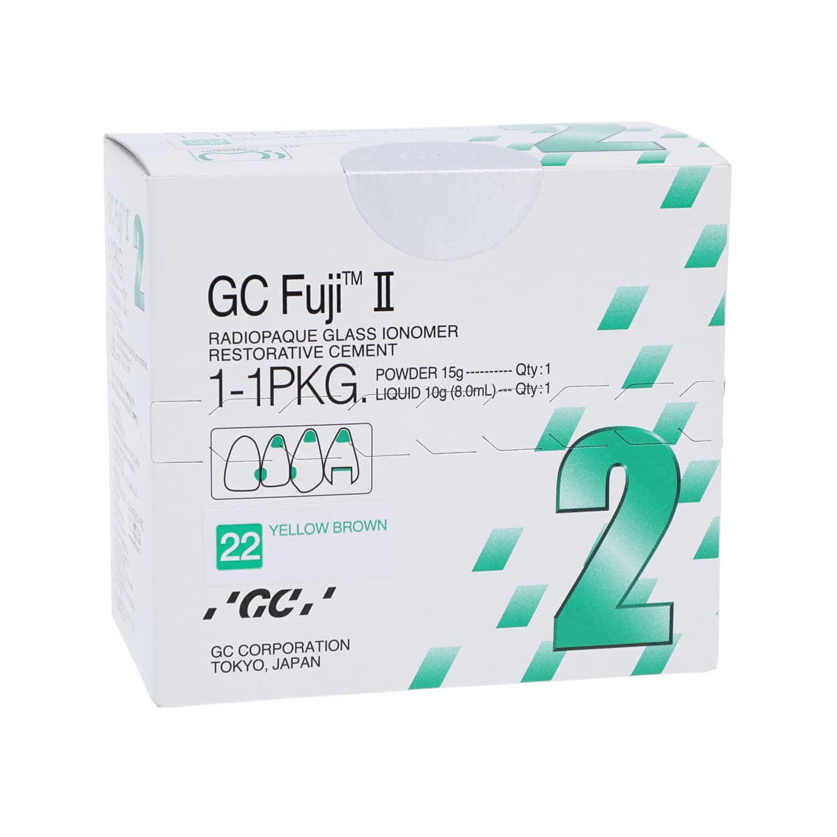 GC Fuji II Glass Ionomer Restorative, 1:1 Powder/Liquid Package, Shade #22 Yellow Brown, 15 g Powder + 8 ml Liquid - Fuji II 1:1 Pkg #22 Yellow Brown Ea - Image 1