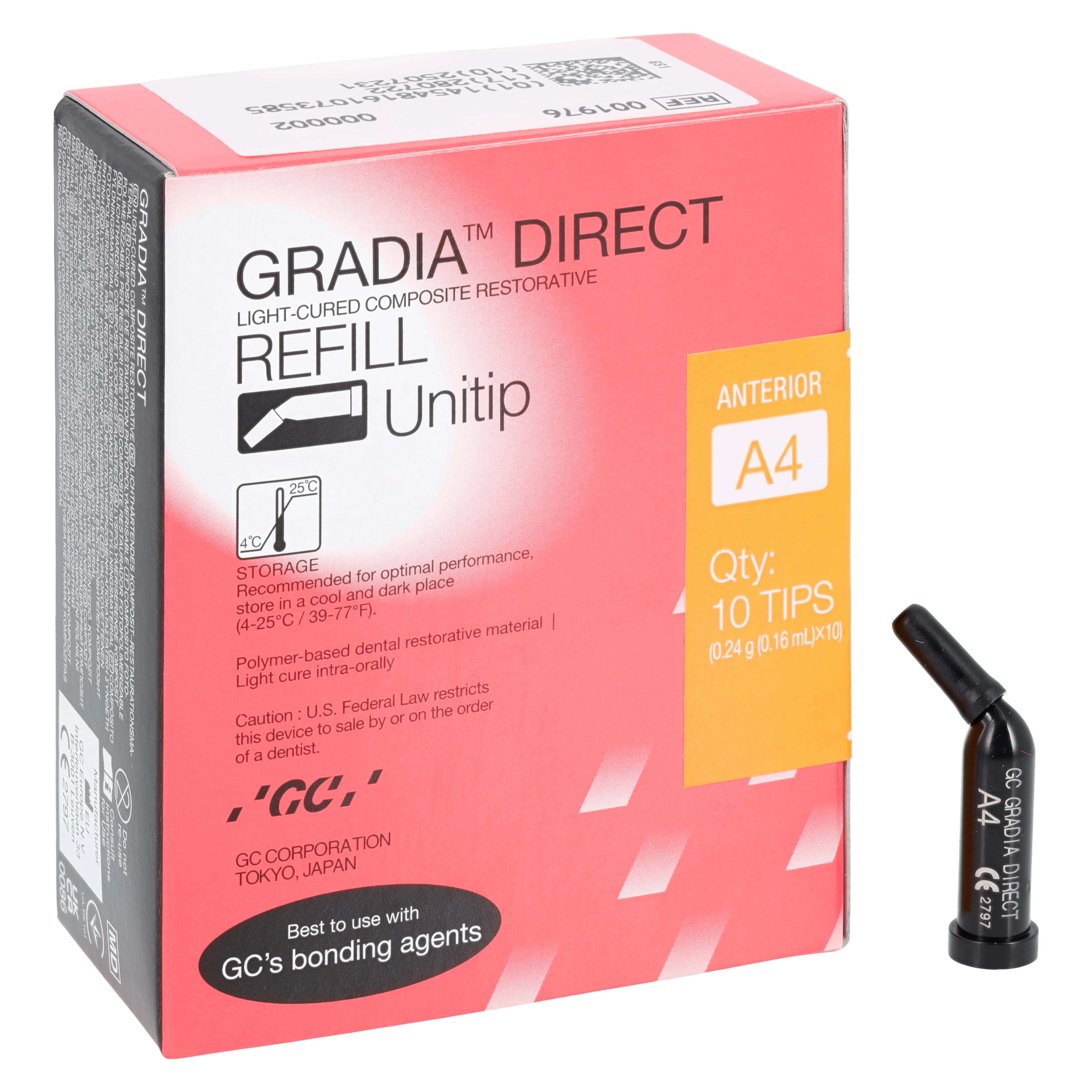 GC America GraDia Direct Microfilled Hybrid Resin Composite, Unitip Refill, Shade A4, 0.16 mL, 10 Tips/Box, #001976 - GC America - GraDia Direct Refill Unitip - (Shade A4) - Image 1