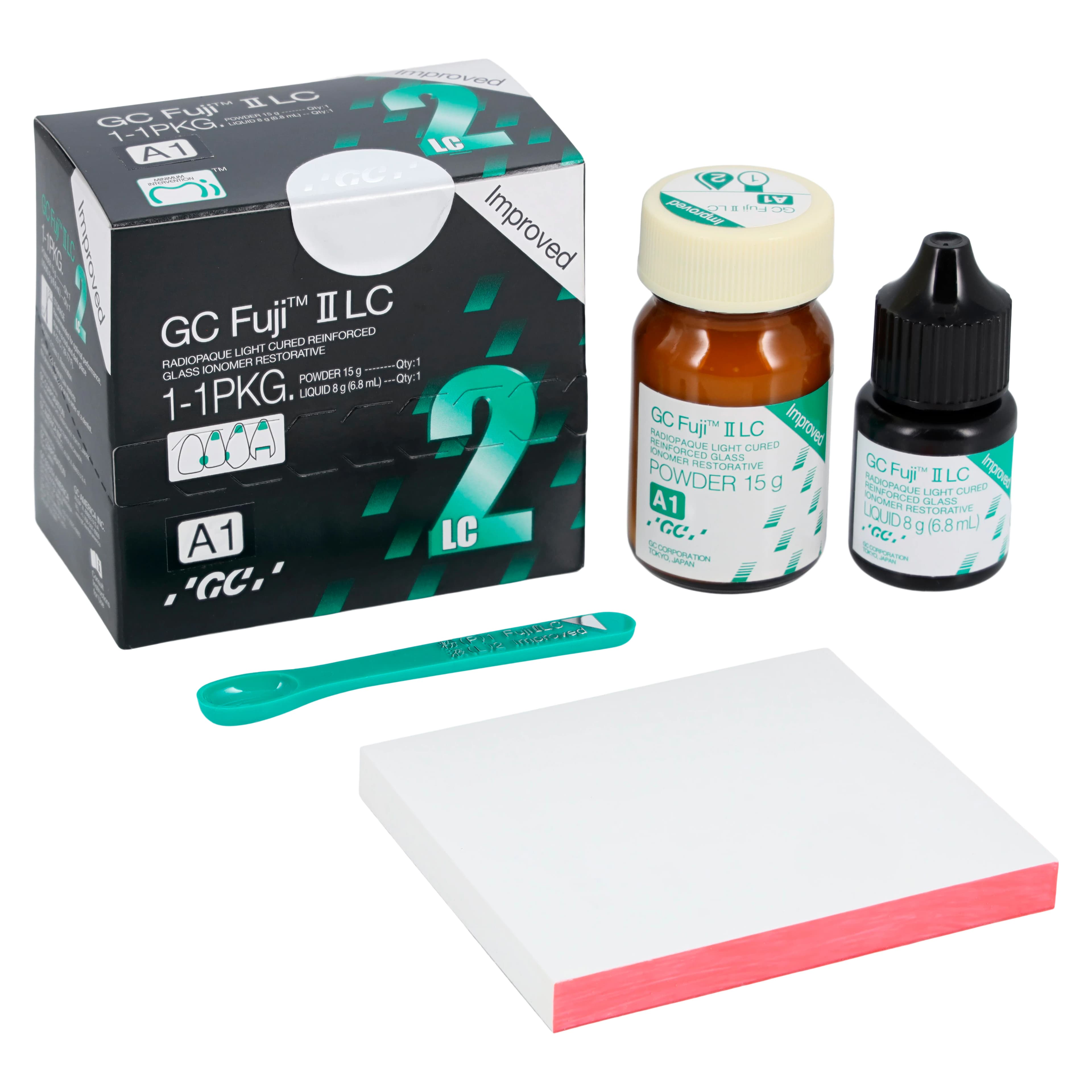 GC Fuji II LC Improved Light-Cure Resin-Reinforced Glass Ionomer Restorative, 1:1 Powder/Liquid Package, Shade A1, 15 g Powder + 6.8 ml Liquid, #000184 - A1 Fuji II Light Cure 1:1 Package - Image 1