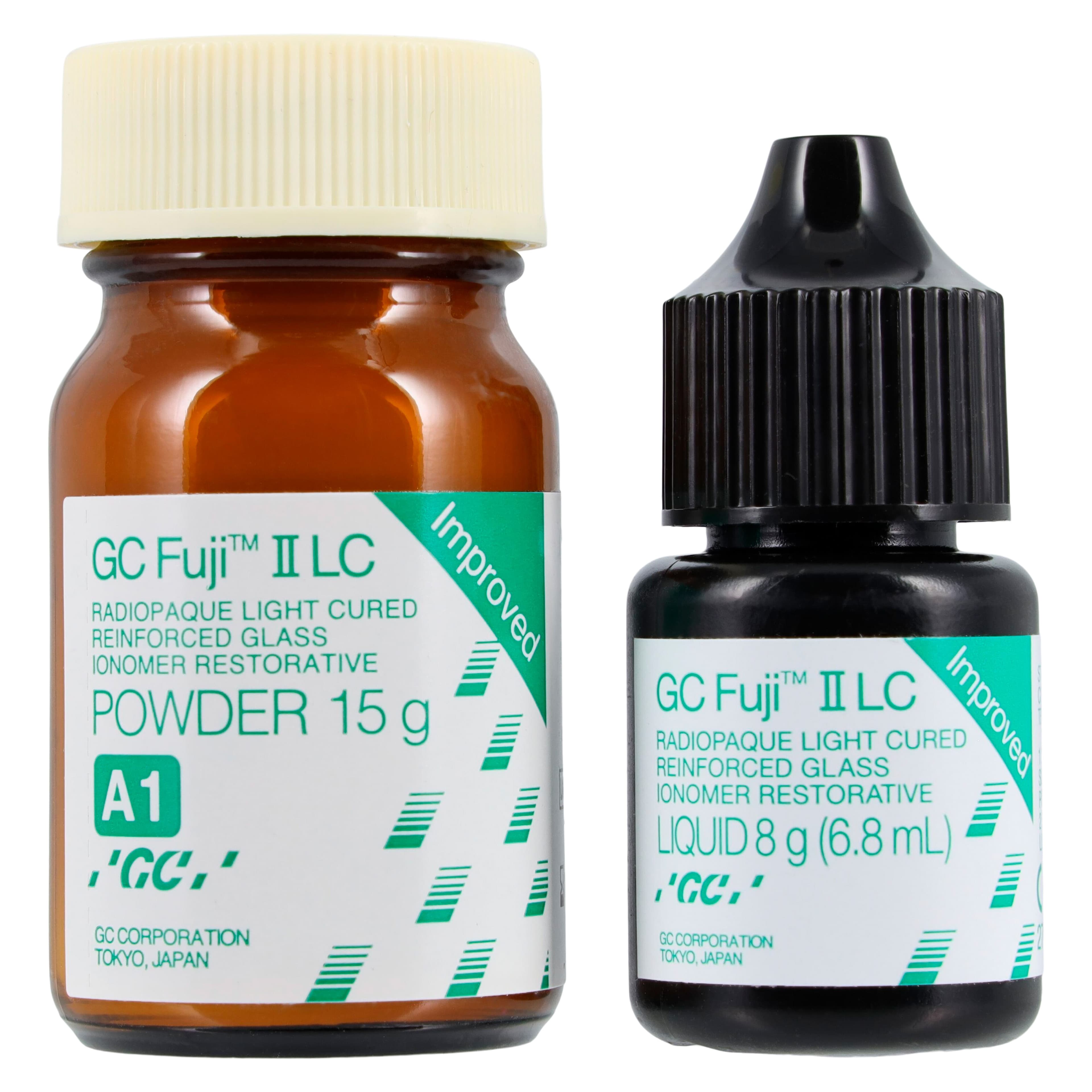 GC Fuji II LC Improved Light-Cure Resin-Reinforced Glass Ionomer Restorative, 1:1 Powder/Liquid Package, Shade A1, 15 g Powder + 6.8 ml Liquid, #000184 thumbnail 2