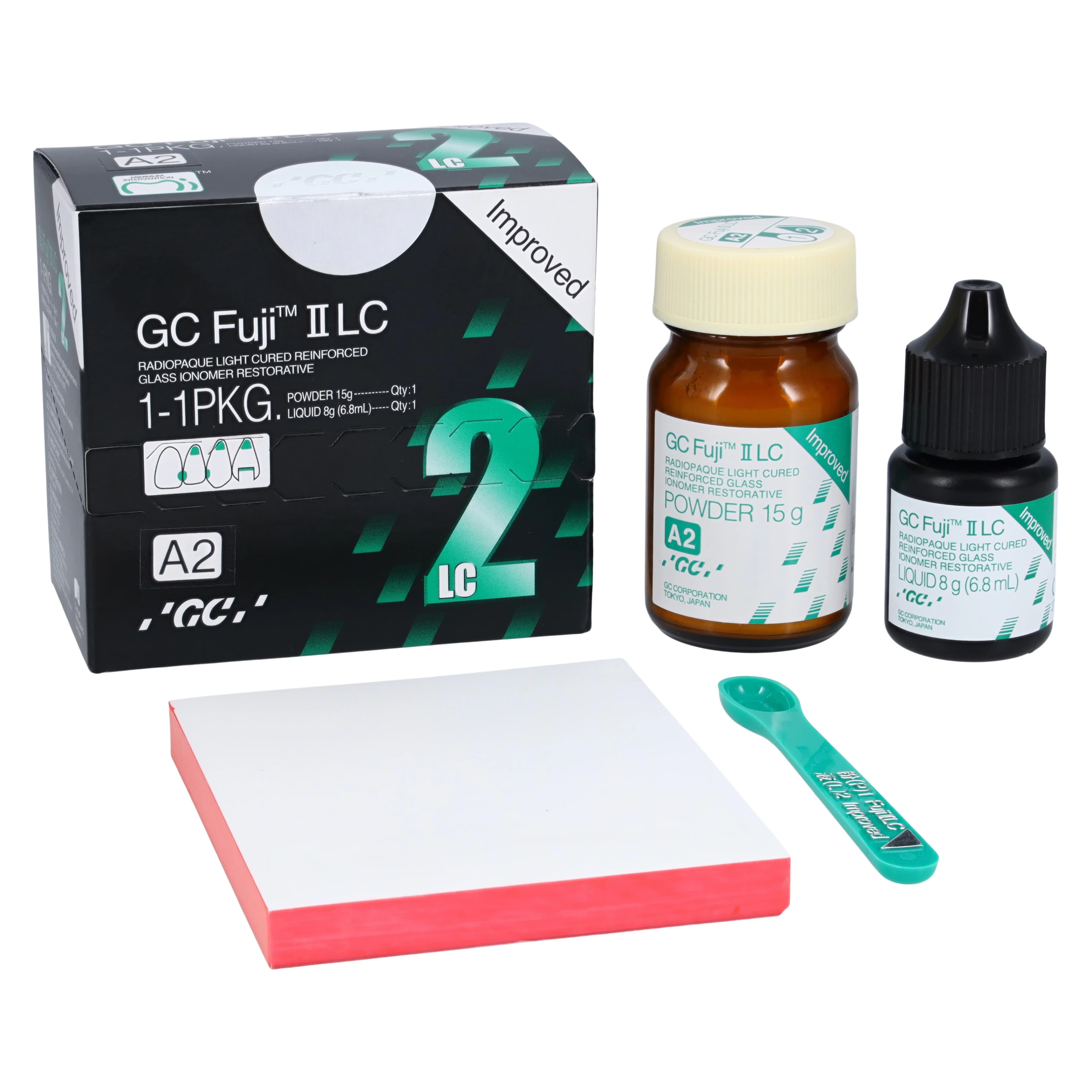 GC Fuji II LC Improved Light-Cure Resin-Reinforced Glass Ionomer Restorative, 1:1 Package, Shade A2, 15 g Powder / 6.8 ml Liquid, #000185 - A2 Fuji II Light Cure 1:1 Package - Image 1