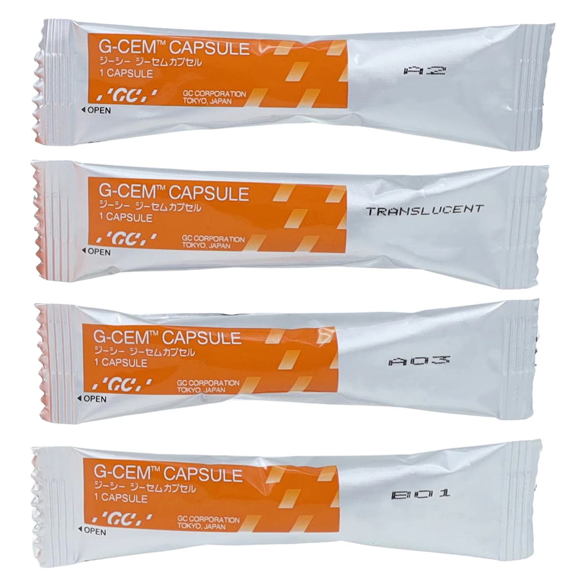 GC G-CEM Self-Adhesive Resin Luting Cement, Capsule Refill, Assorted Shades (A2, Translucent, AO3, BO1), 0.17 mL per Capsule, 50/Bx, 002588 thumbnail 2