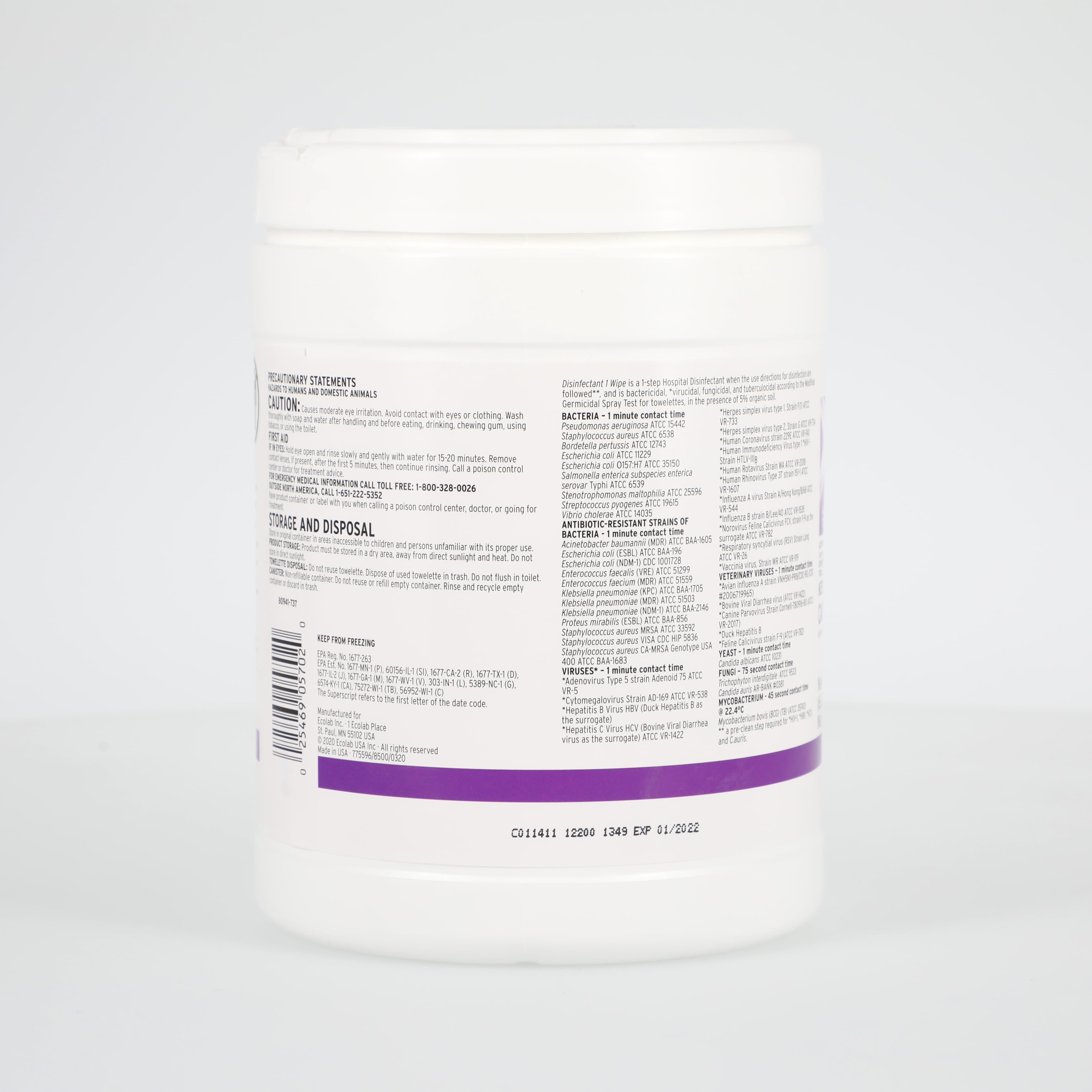 Ecolab Disinfectant 1 Surface Disinfectant Wipes, Standard Size (6 in x 6.75 in), 220/Canister thumbnail 2