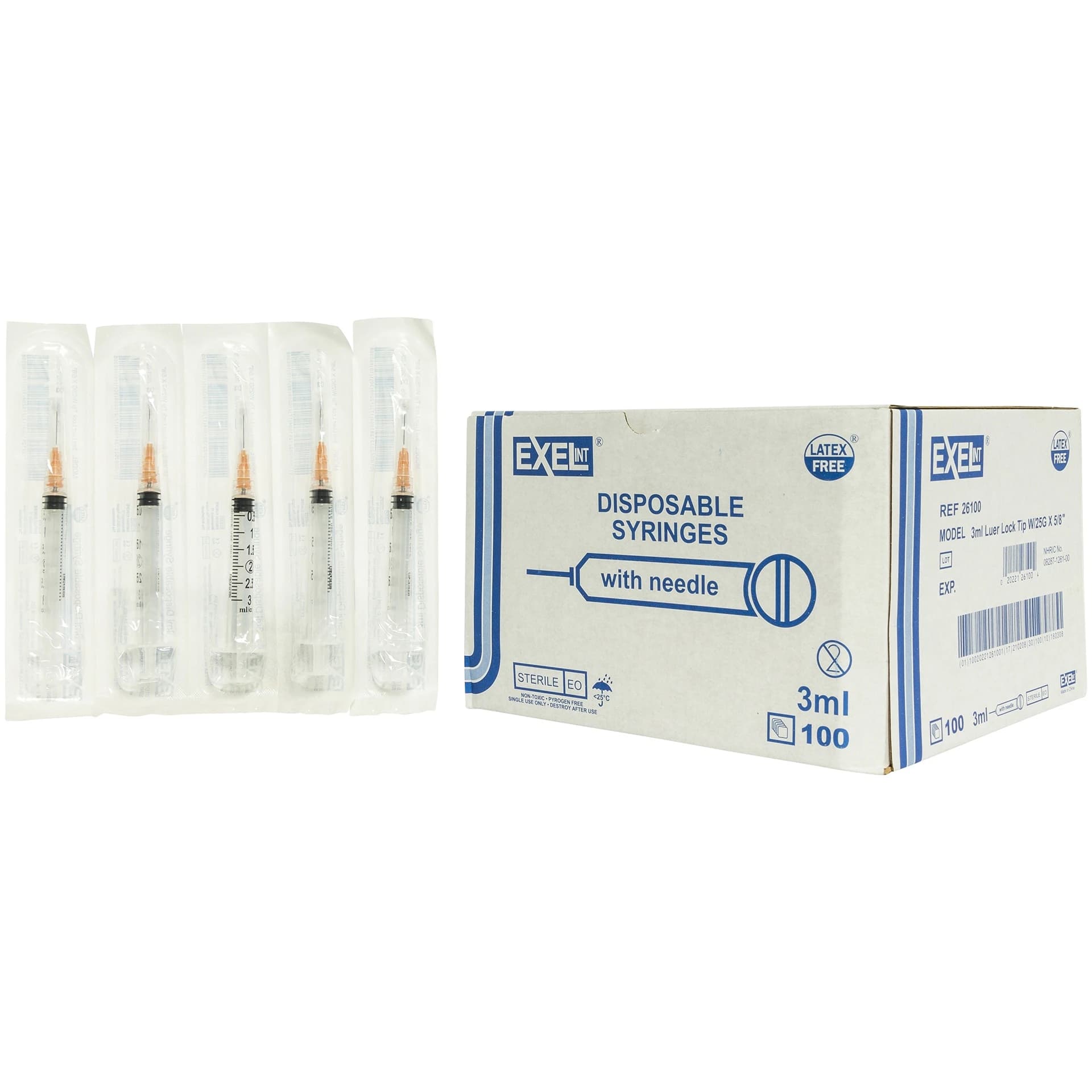 Exel Hypodermic Syringes with Needle, 3cc, 25G x 1-1/2", Dark Blue, Sterile, Latex-Free, 100/Box - Syringes w/Needle LL 3cc - Image 1