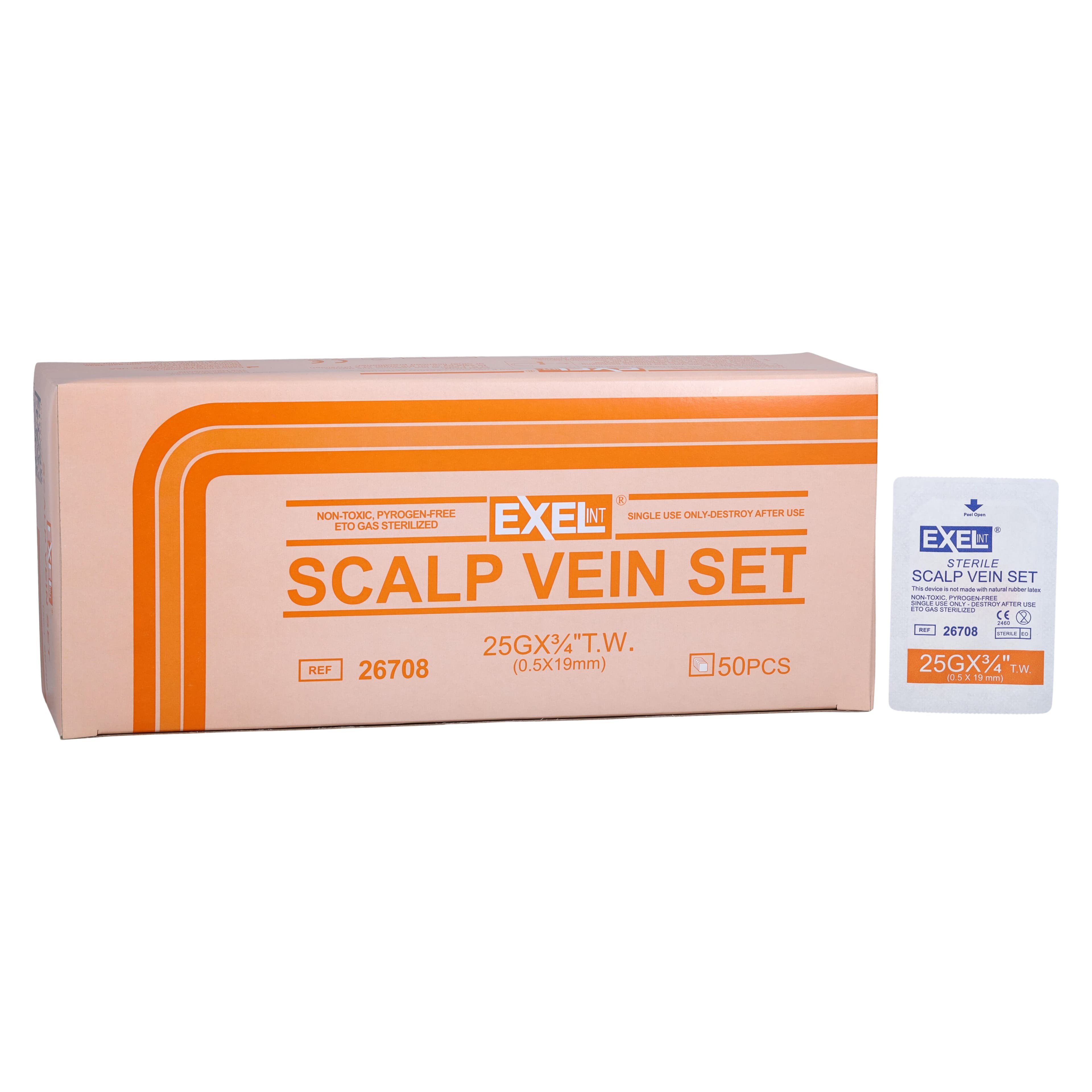 Exel Scalp Vein Set, 25 Gauge, 3/4" Needle, 12" Tubing, Siliconized Stainless Steel, Sterile, Latex-Free, DEHP-Free, Orange, 50/Box thumbnail 2