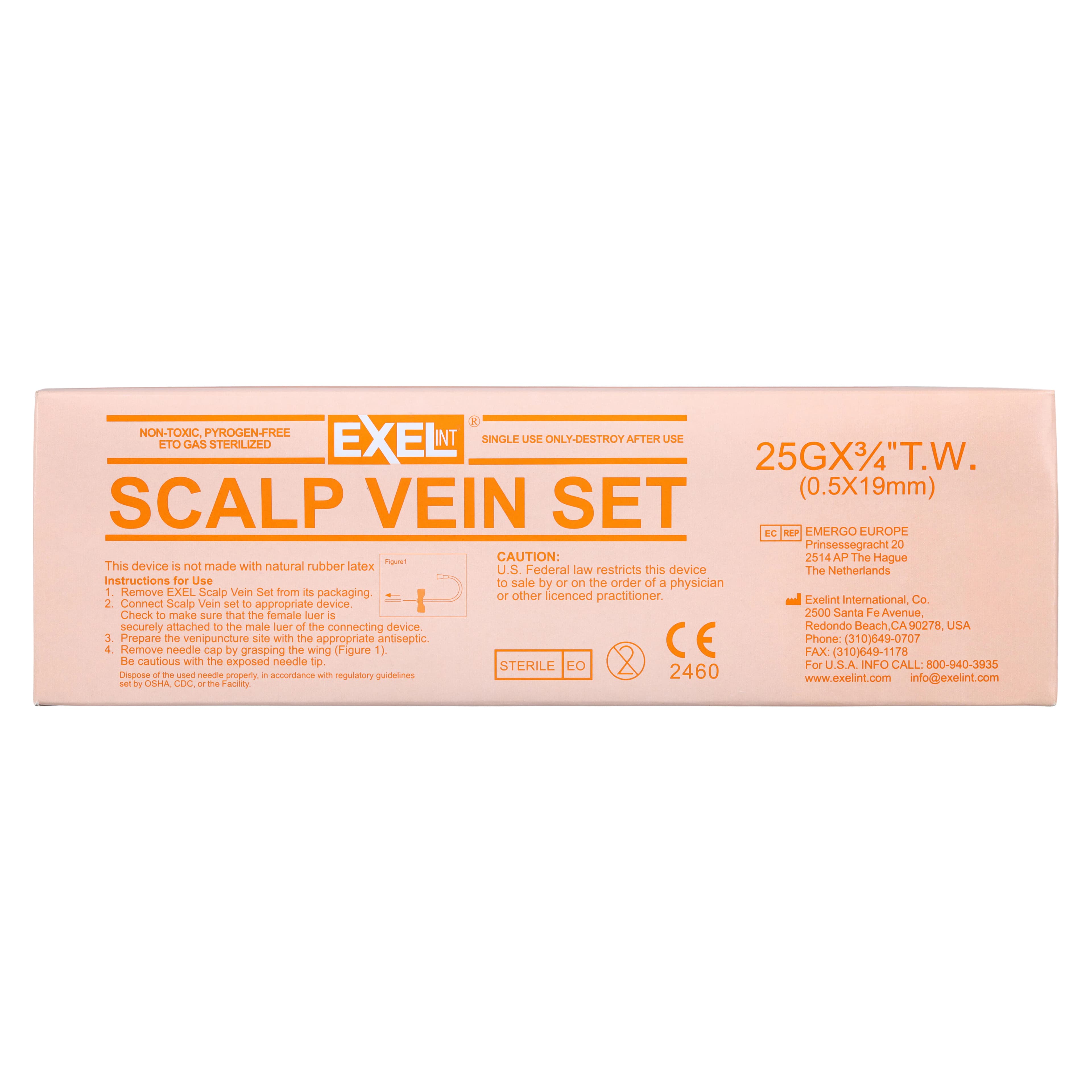 Exel Scalp Vein Set, 25 Gauge, 3/4" Needle, 12" Tubing, Siliconized Stainless Steel, Sterile, Latex-Free, DEHP-Free, Orange, 50/Box thumbnail 5