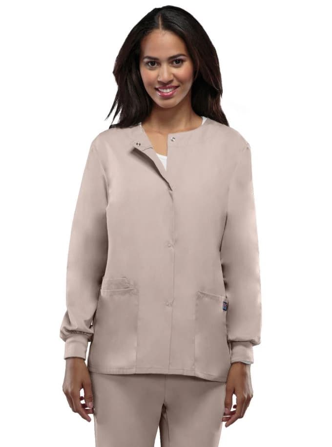 Cherokee Workwear Warm-Up Jacket, Snap Front, 2 Pockets, Long Sleeves, Knit Cuff, Women's, Large, Khaki, 4350 - Jacket Warm-Up Snap Front 2Pkt - Image 1