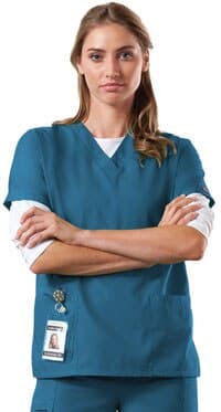 Cherokee Workwear 4700 Women's V-Neck Scrub Top, Caribbean Blue, X-Small, Pullover, 2 Patch Pockets with Cell Phone Pocket thumbnail 2