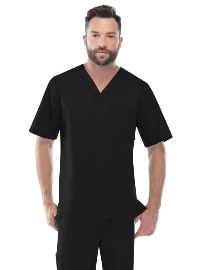 Cherokee Workwear Scrub Top, Mens V-Neck, Luxe, 1 Pocket, Short Sleeves, Medium, Black, Each - Scrub Top Mens V-Neck - Image 1