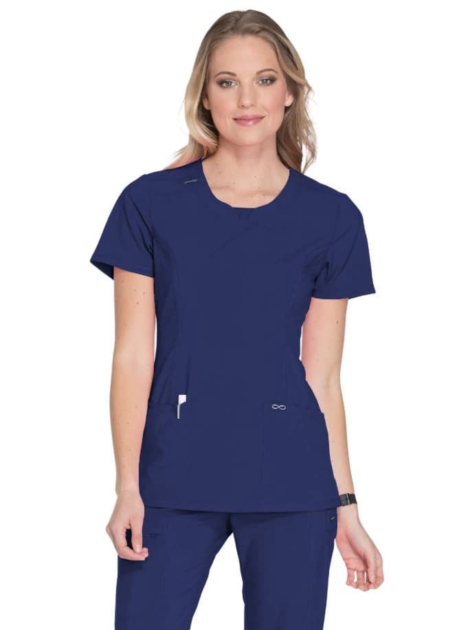 Cherokee Infinity Women's Contemporary Fit Round Neck Short Sleeve Scrub Top, Navy, 3X-Large, 3 Pockets - Top Round Neck Short Slv Women - Image 1