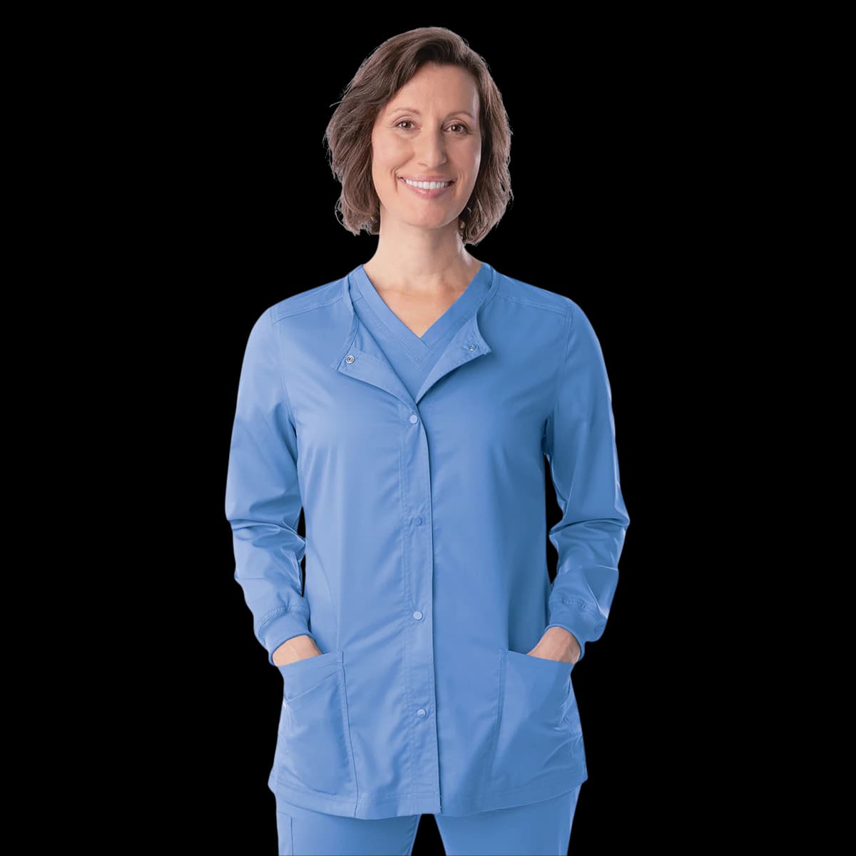 ProFlex Women's Snap Front Warm-Up Jacket, Ceil, Large, 73% Polyester / 25% Rayon / 2% Spandex, 3 Pockets - Proflex Snap Front Jacket - Image 1
