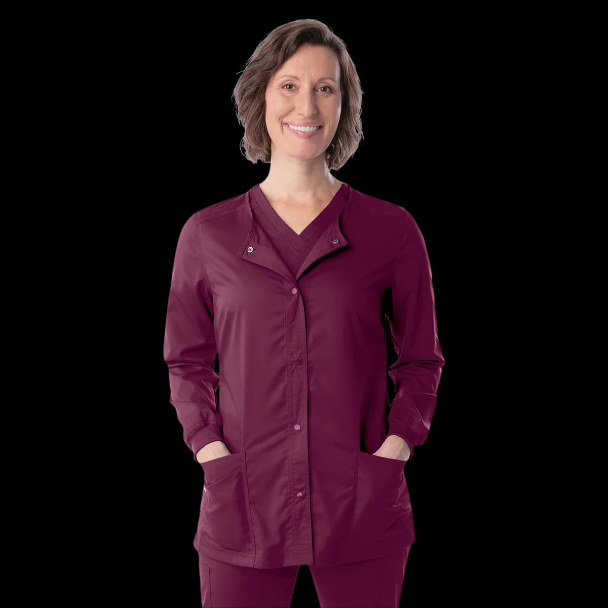 Proflex Warm-Up Jacket, Women's, Wine, 4X Large, Snap Front, 3 Pockets, Landau Uniforms - Proflex Snap Front Jacket - Image 1