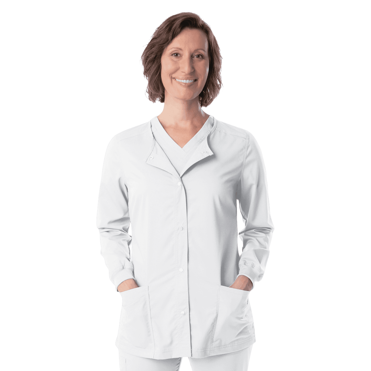 Landau Proflex Women's Snap Front Warm-Up Jacket, White, 5X-Large, 73% Polyester / 25% Rayon / 2% Spandex - Proflex Snap Front Jacket - Image 1