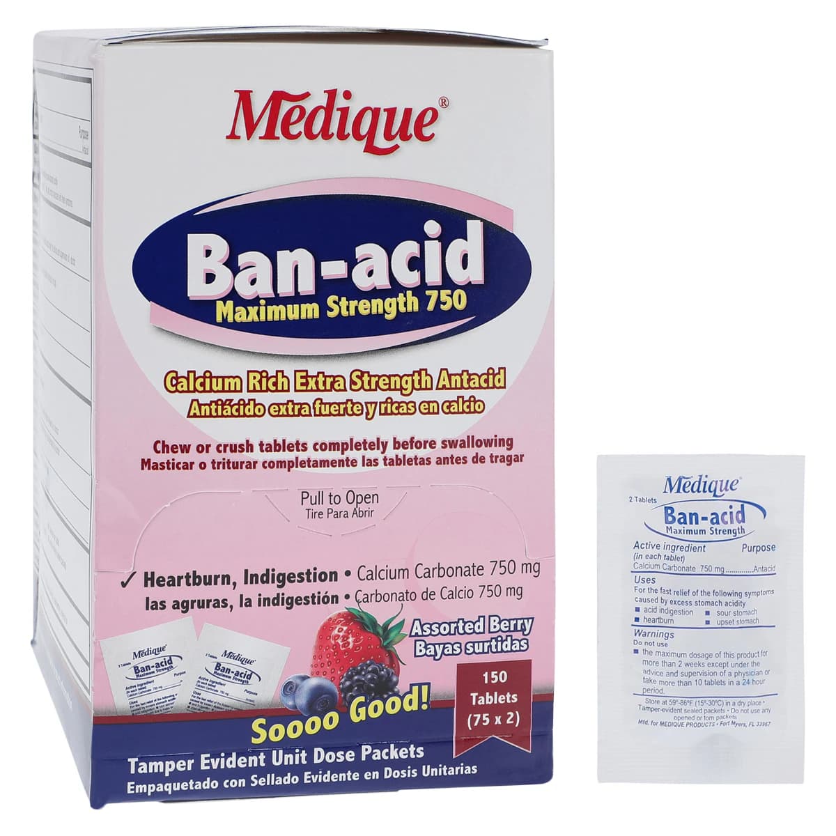 Medique Ban-Acid Antacid Tablets, Max Strength, 750 mg, Berry, 150 Tablets (75 x 2)/Box thumbnail 2