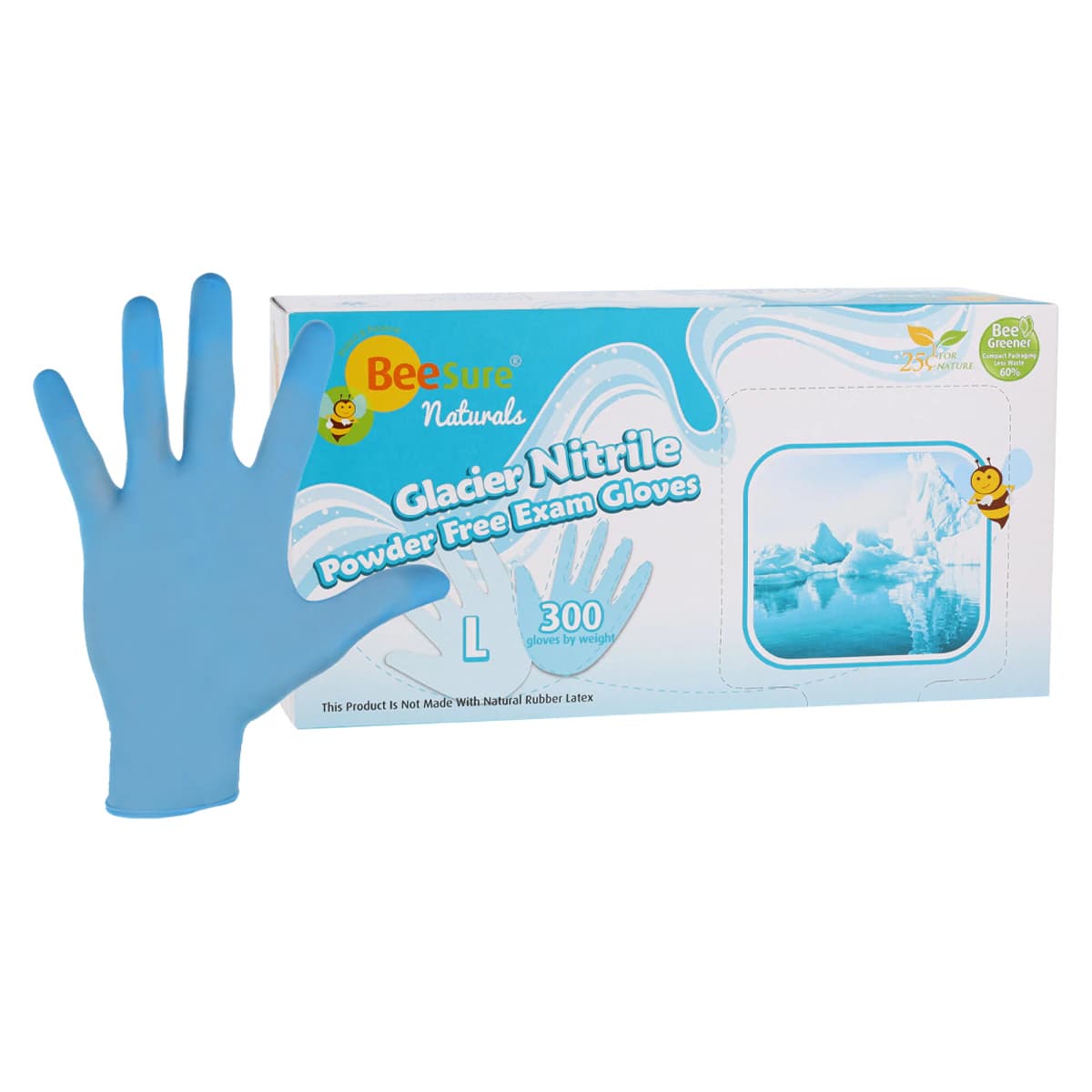BeeSure Naturals Glacier Nitrile Exam Gloves, Powder Free, Non-Sterile, Large, Glacier Blue, 300/Box, BE2928 thumbnail 2