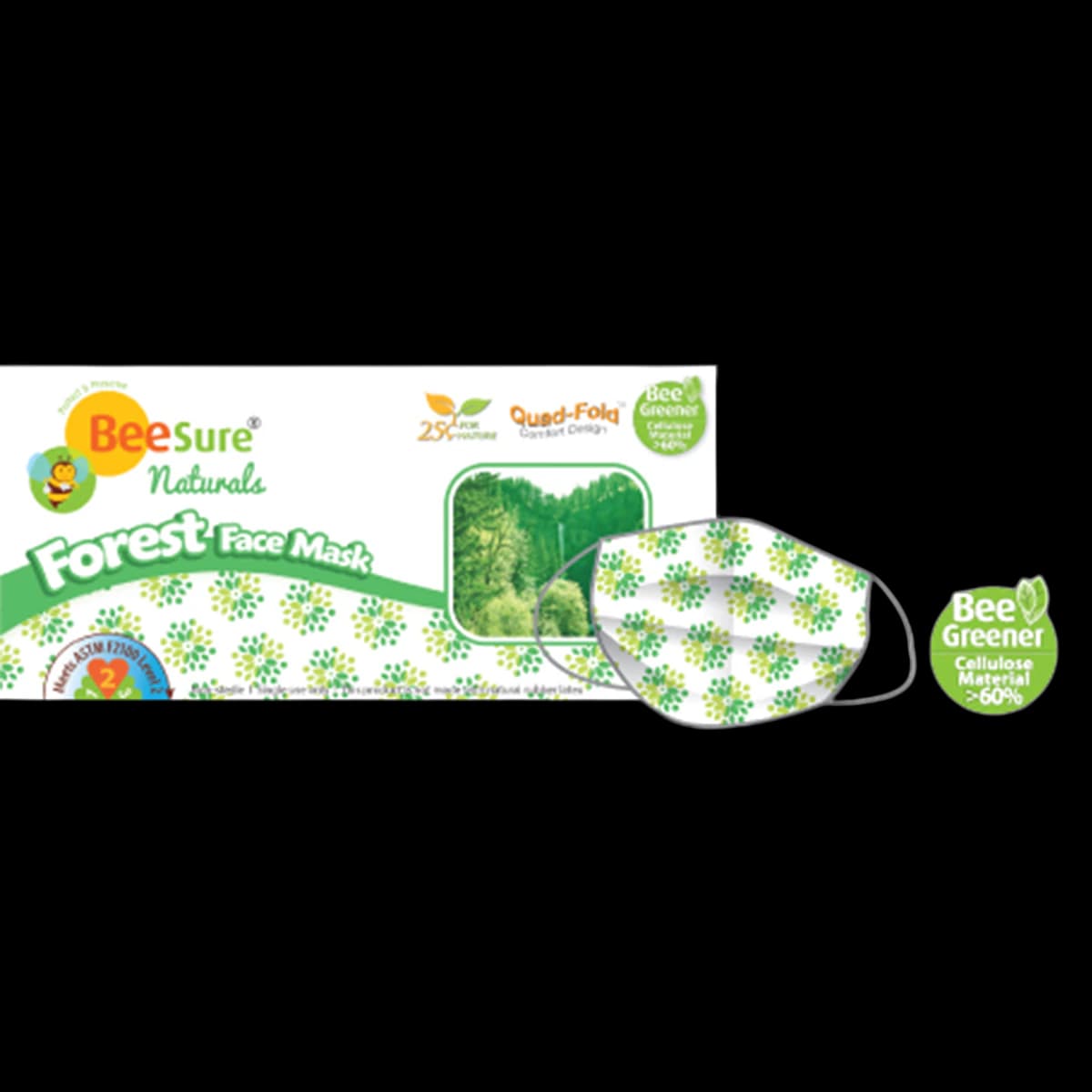 BeeSure Naturals Procedure Face Mask, ASTM Level 3, Forest Green, Ear Loop, Pleated, 50/Box, BE2440 - BeeSure Naturals Procedure Face Mask ASTM Level 3 Forest Green Box of 50 - Image 1