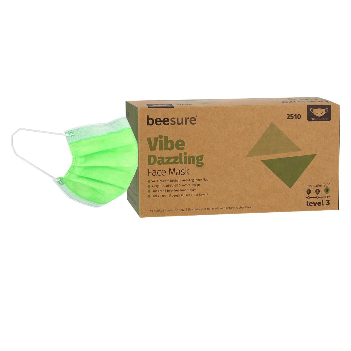BeeSure Vibe Procedure Face Mask, ASTM Level 3, Dazzling Green, 50/Box, BE2510 thumbnail 3
