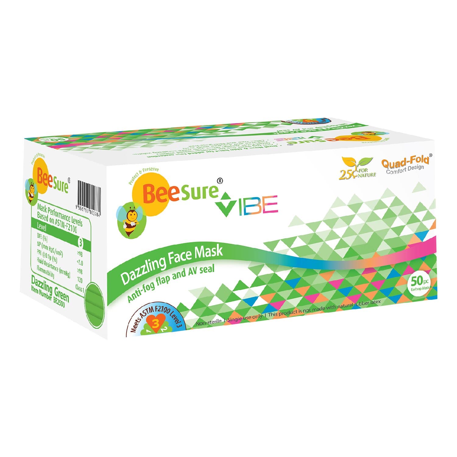 BeeSure Vibe Procedure Face Mask, ASTM Level 3, Dazzling Green, 50/Box, BE2510 thumbnail 2