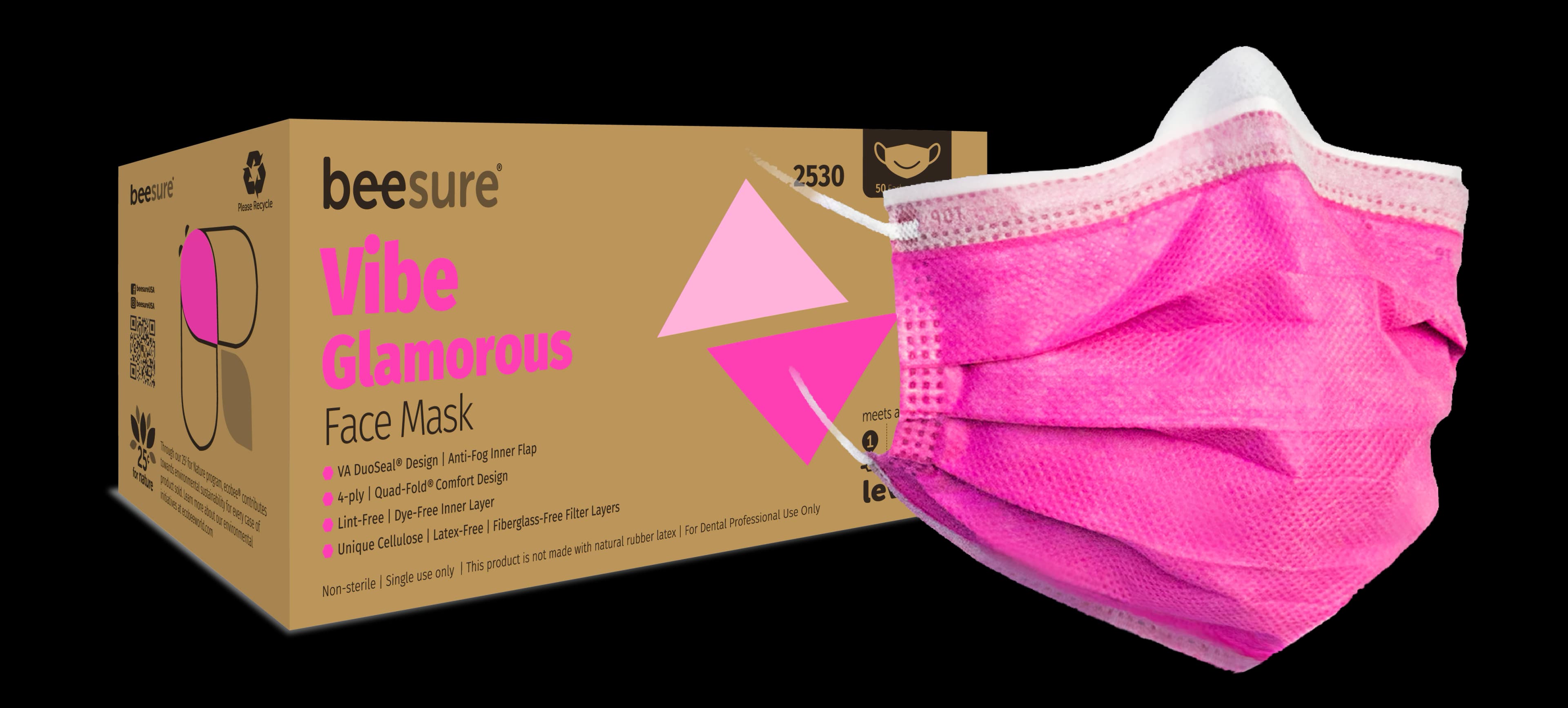 BeeSure Vibe Procedure Face Mask ASTM Level 3, Glamorous Pink, 50/Box, BE2530 thumbnail 2