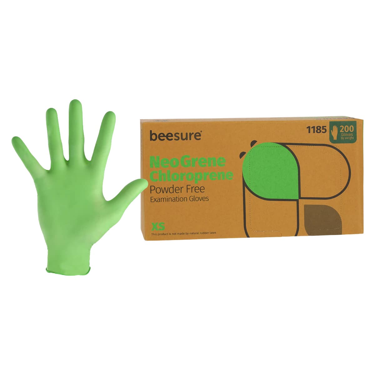 BeeSure NeoGrene Chloroprene Exam Gloves, Powder-Free, Non-Sterile, X-Small, Green, 200/Box, BE1185 - NeoGrene Chloroprene Exam Gloves XS Green Box of 200 - Image 1