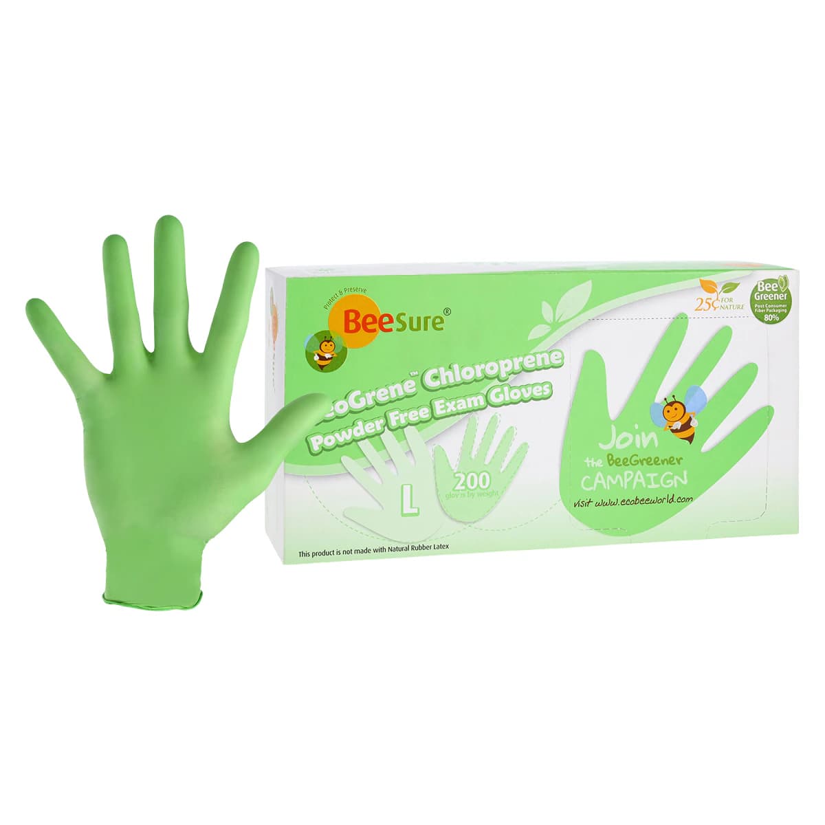 BeeSure NeoGrene Chloroprene Exam Gloves, Powder Free, Non-Sterile, Large, Green, Fingertip Textured, 200/Box, BE1188 - NeoGrene Chloroprene Exam Gloves Large Green Box of 200 - Image 1