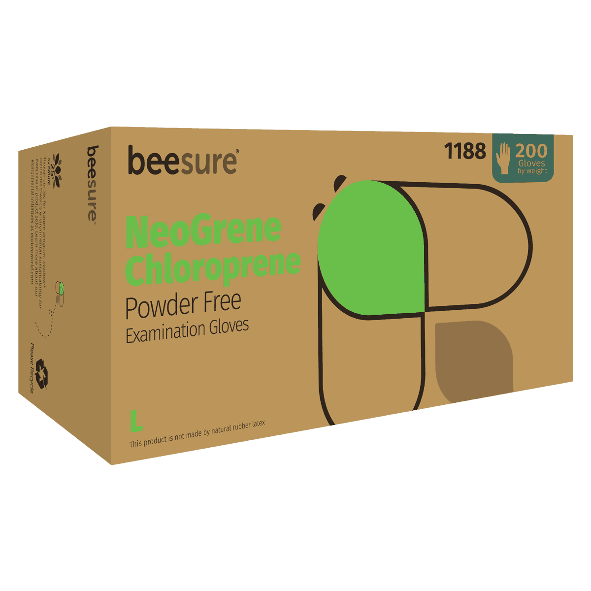 BeeSure NeoGrene Chloroprene Exam Gloves, Powder Free, Non-Sterile, Large, Green, Fingertip Textured, 200/Box, BE1188 thumbnail 3