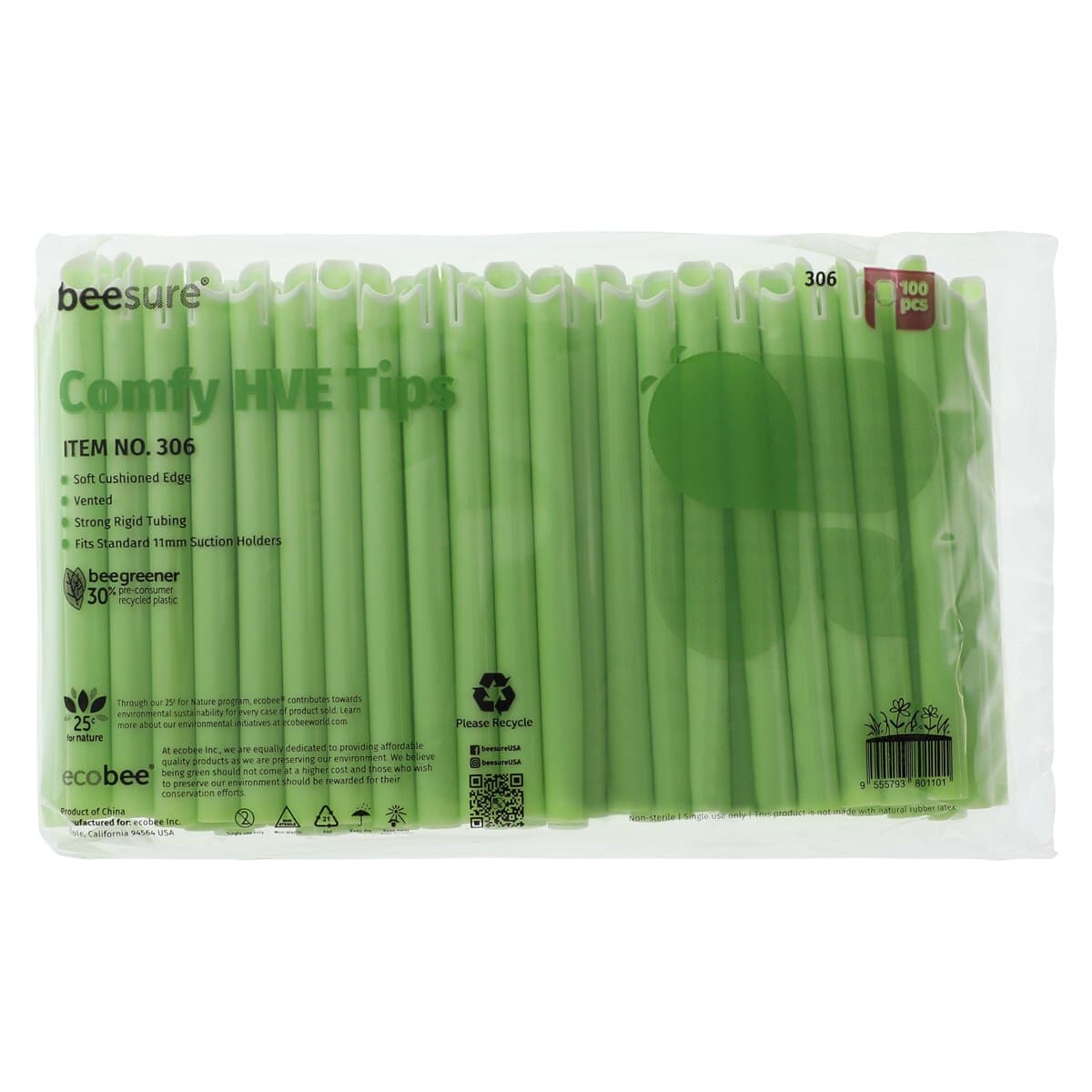 BeeSure Comfy HVE Tips, 11 mm, Vented Green, Disposable, 3000/Case, 01KZ65A75FF2Q5SFGQFERB51XE - BeeSure Comfy HVE Tips - Image 1