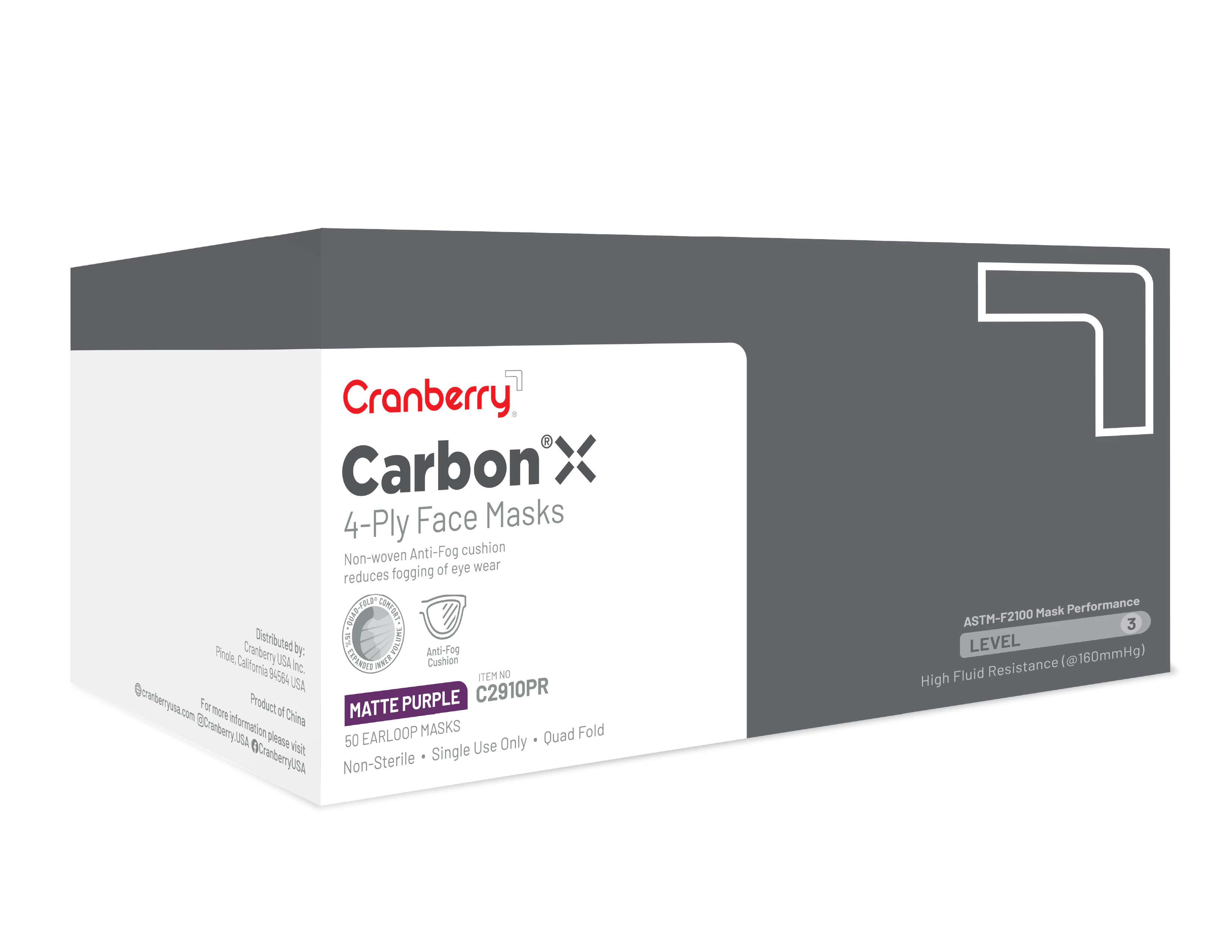 Pro2 Solutions Carbon X Anti-Fog ASTM Level 3 Medical Face Mask, Purple, Non-Latex, 50/Box - Cranberry Carbon X Mask L3 - Image 1