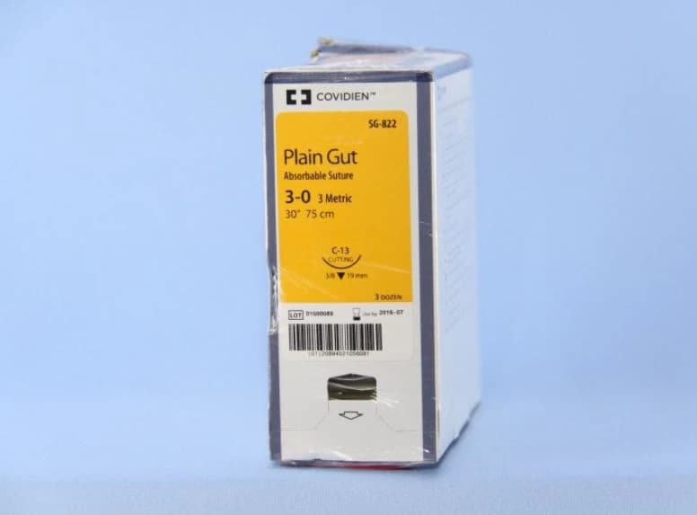 Medtronic Surgigut Absorbable Plain Gut Suture, 3-0, 30", C-13 3/8 Circle Reverse Cutting Needle, Undyed, 36/Pkg - Absorbable Surgigut Suture Plain Gut – 36/Pkg - C-13, 3/8" Circle Needle, Size 3-0, Length 30" - Image 1