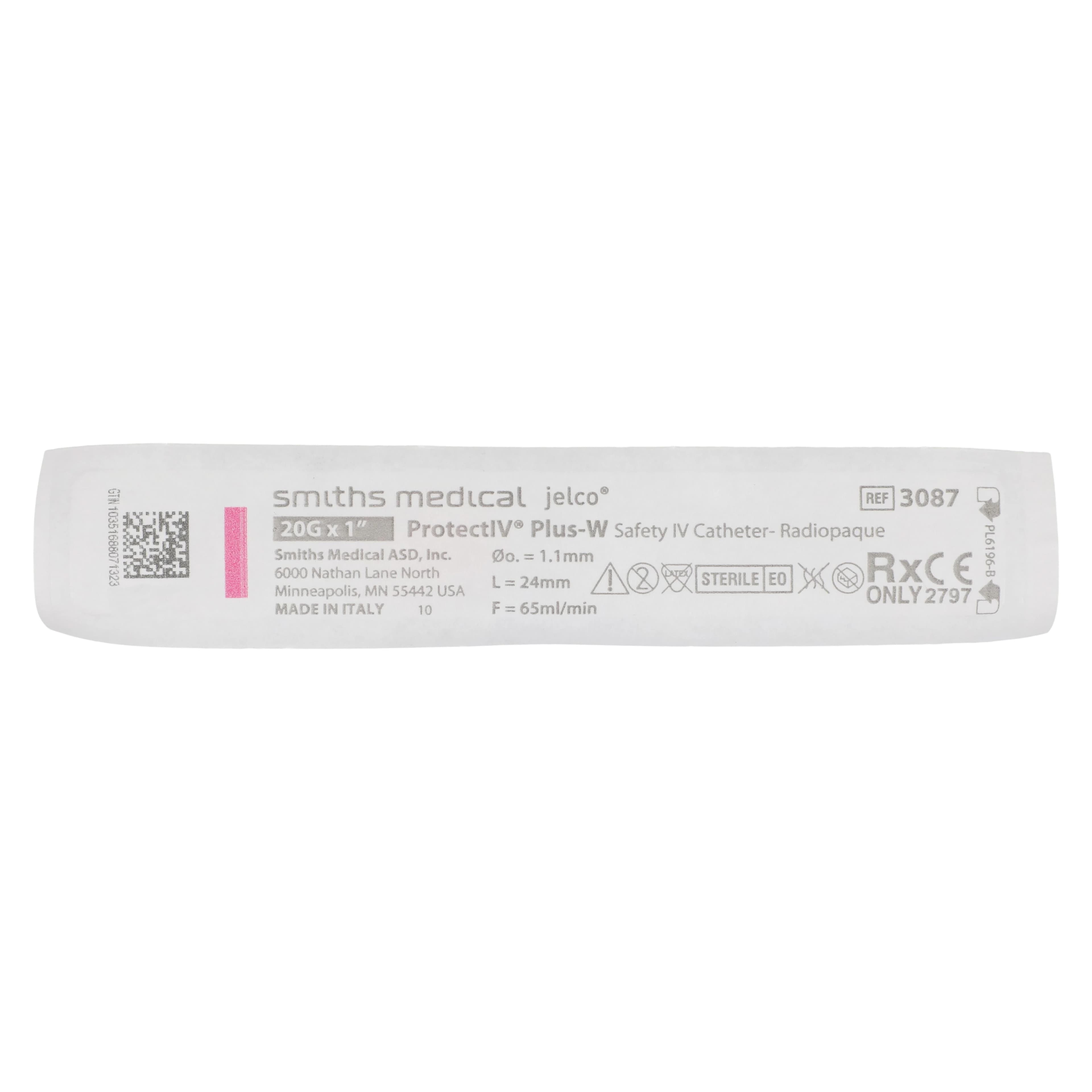 Jelco Protectiv Plus IV Catheter with Wings, 20 Gauge, 1 Inch, Safety Straight, Pink, 50/Box - Protectiv Plus IV Cath Wing - Image 1