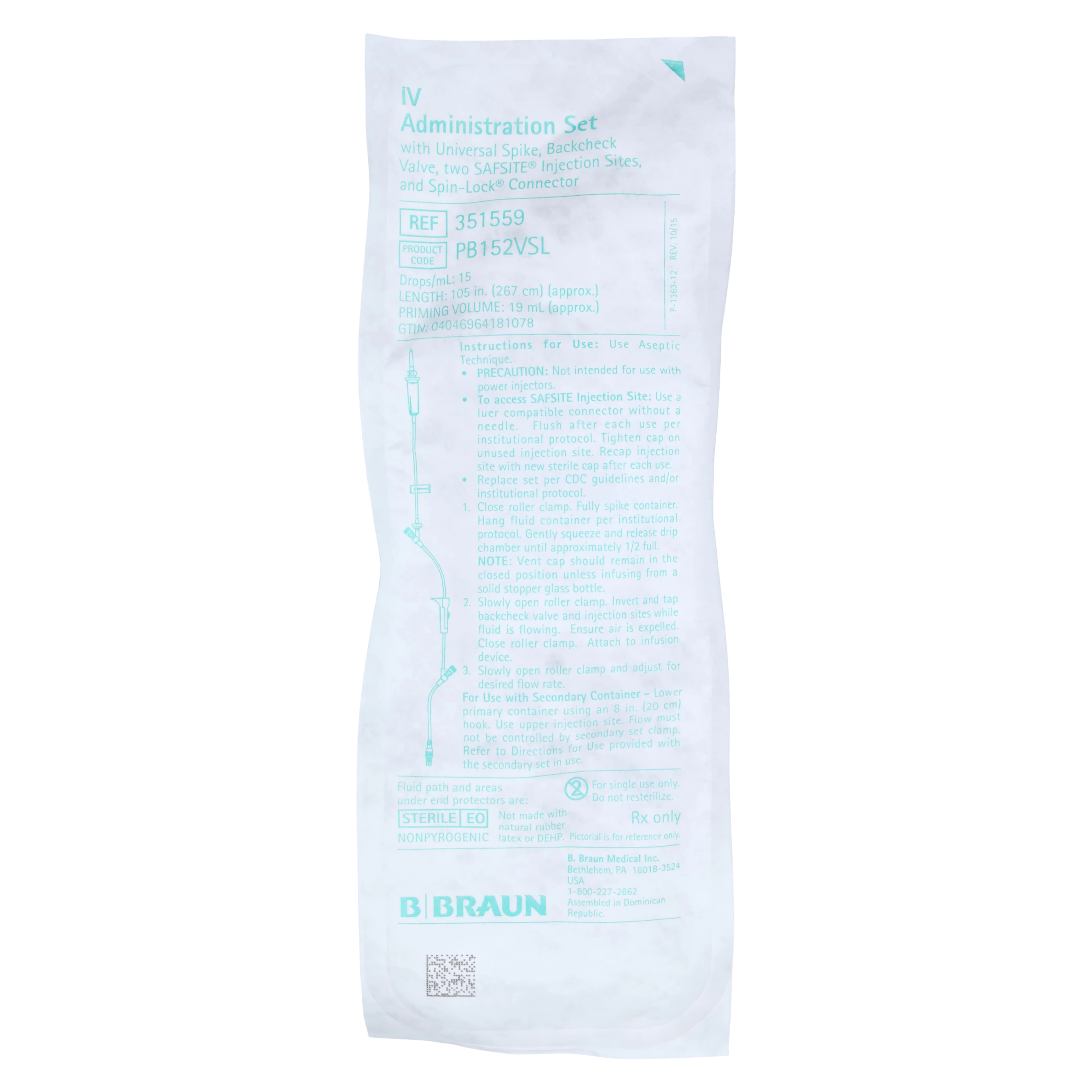 B. Braun Safesite IV Administration Set, 2 Safsite Y-Injection Sites, 15 Drops/mL, 105" Tubing, SPIN-LOCK Connector, Non-DEHP, Sterile, 50/Case - Safesite Admin. Set 106" - Image 1