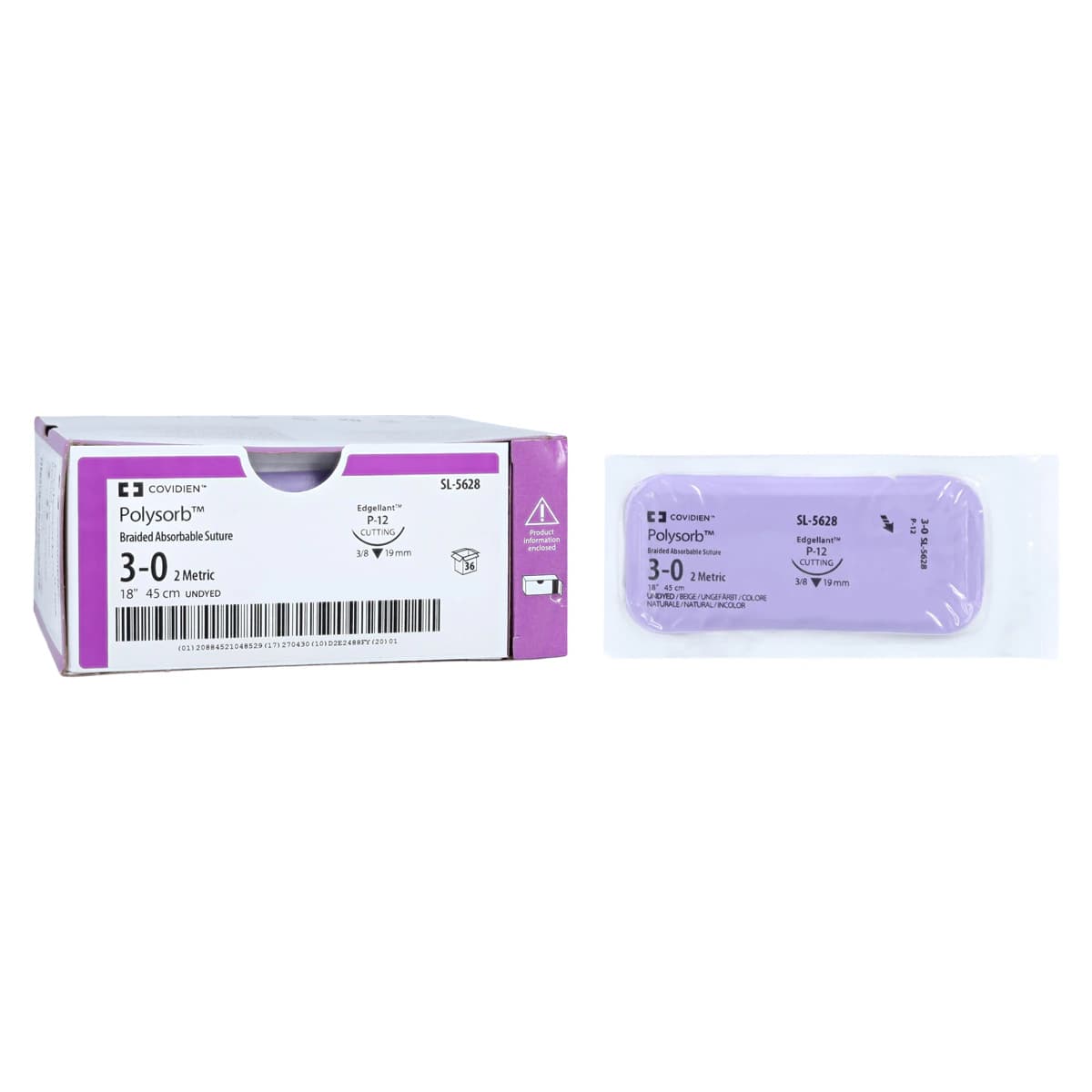 Medtronic Polysorb Absorbable Suture, 3-0, 18", P-12 Premium Reverse Cutting 3/8 Circle Needle 19mm, Undyed, 36/Case thumbnail 2