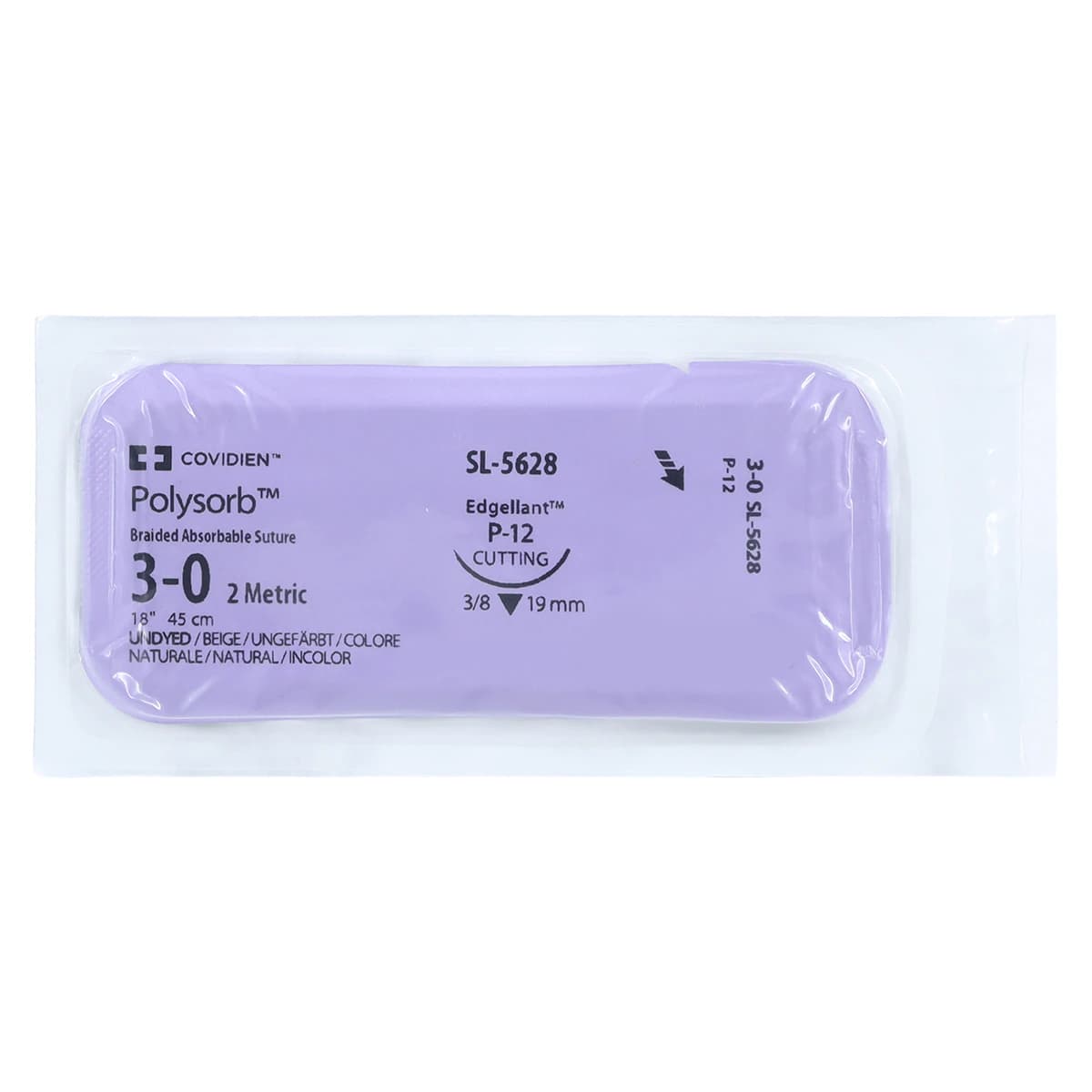 Medtronic Polysorb Absorbable Suture, 3-0, 18", P-12 Premium Reverse Cutting 3/8 Circle Needle 19mm, Undyed, 36/Case thumbnail 3