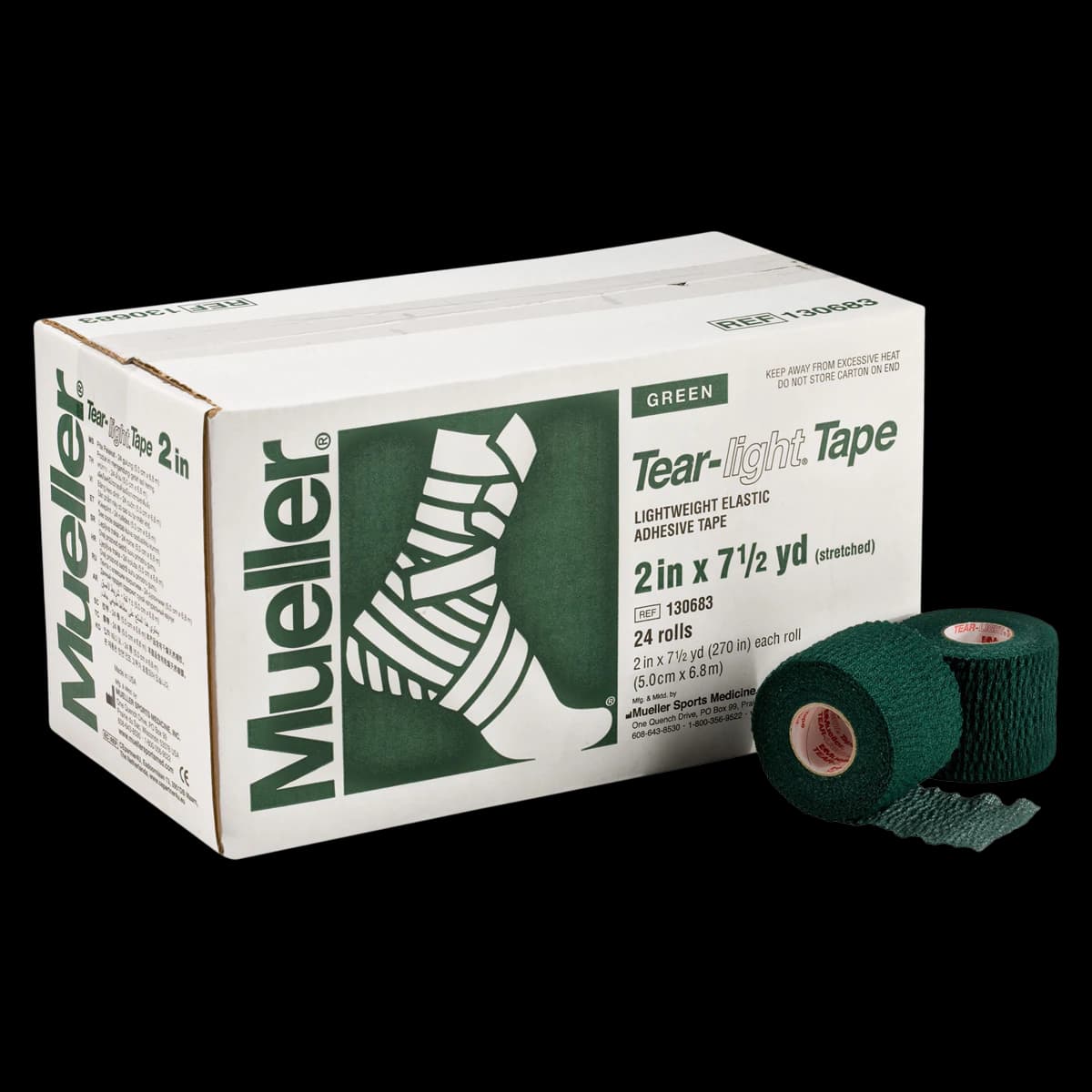 Mueller Sports Medicine Tear-Light Athletic Tape Elastic, 2" x 7.5 yd, Green, 24/Case - Tear Light Tape Green - Image 1
