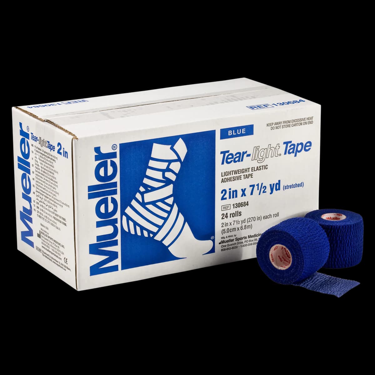 Mueller Sports Medicine Tear-Light Athletic Tape, Elastic, 2" x 7.5 yd, Blue, 24/Case - Tear Light Tape Blue - Image 1