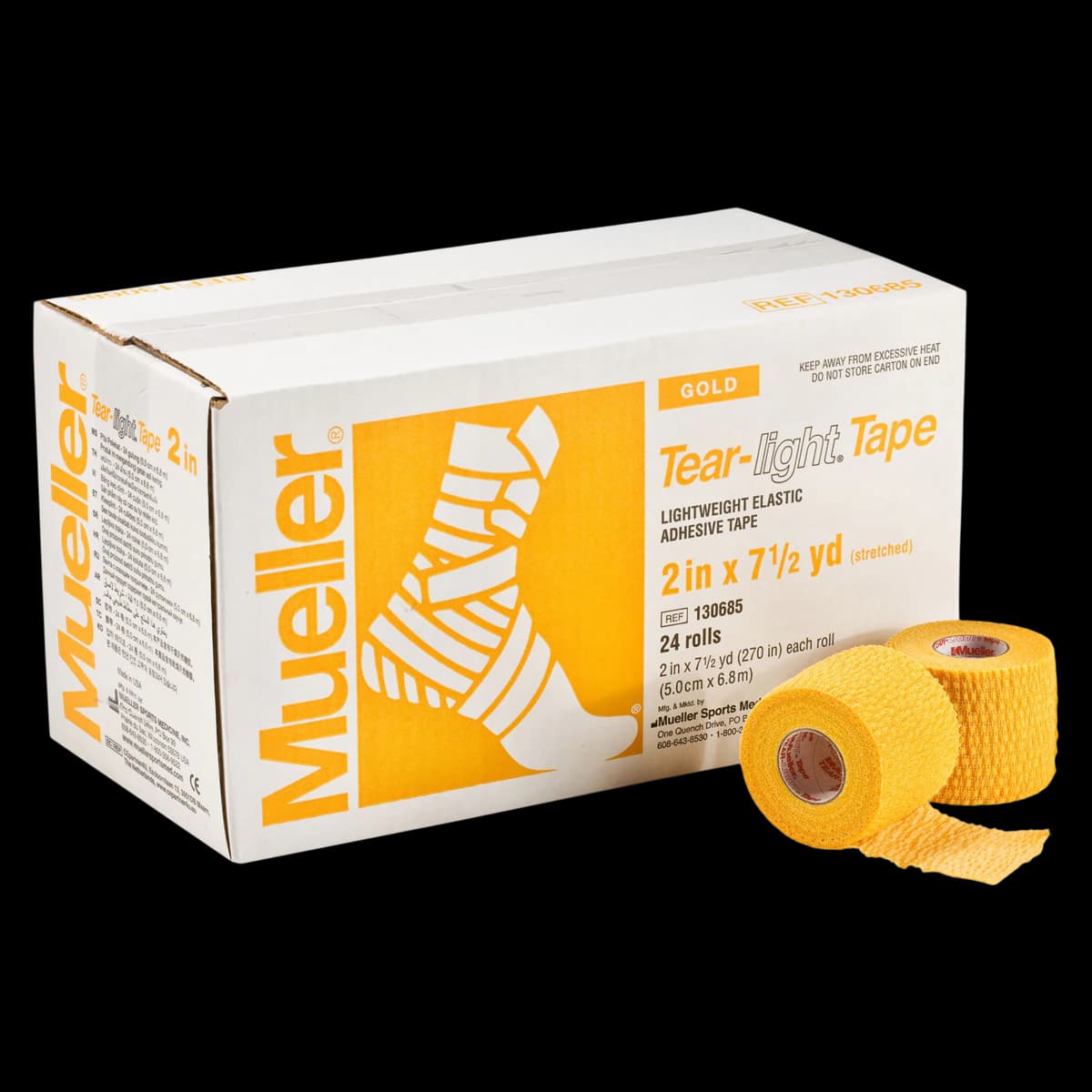 Mueller Tear-Light Elastic Athletic Tape, Gold, 2" x 7.5 yd, 24 Rolls/Case - Tear Light Tape Gold - Image 1